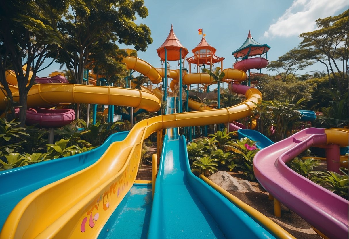 A colorful water park with slides, pools, and tropical foliage, featuring promotional signage for Splash Island in Singapore