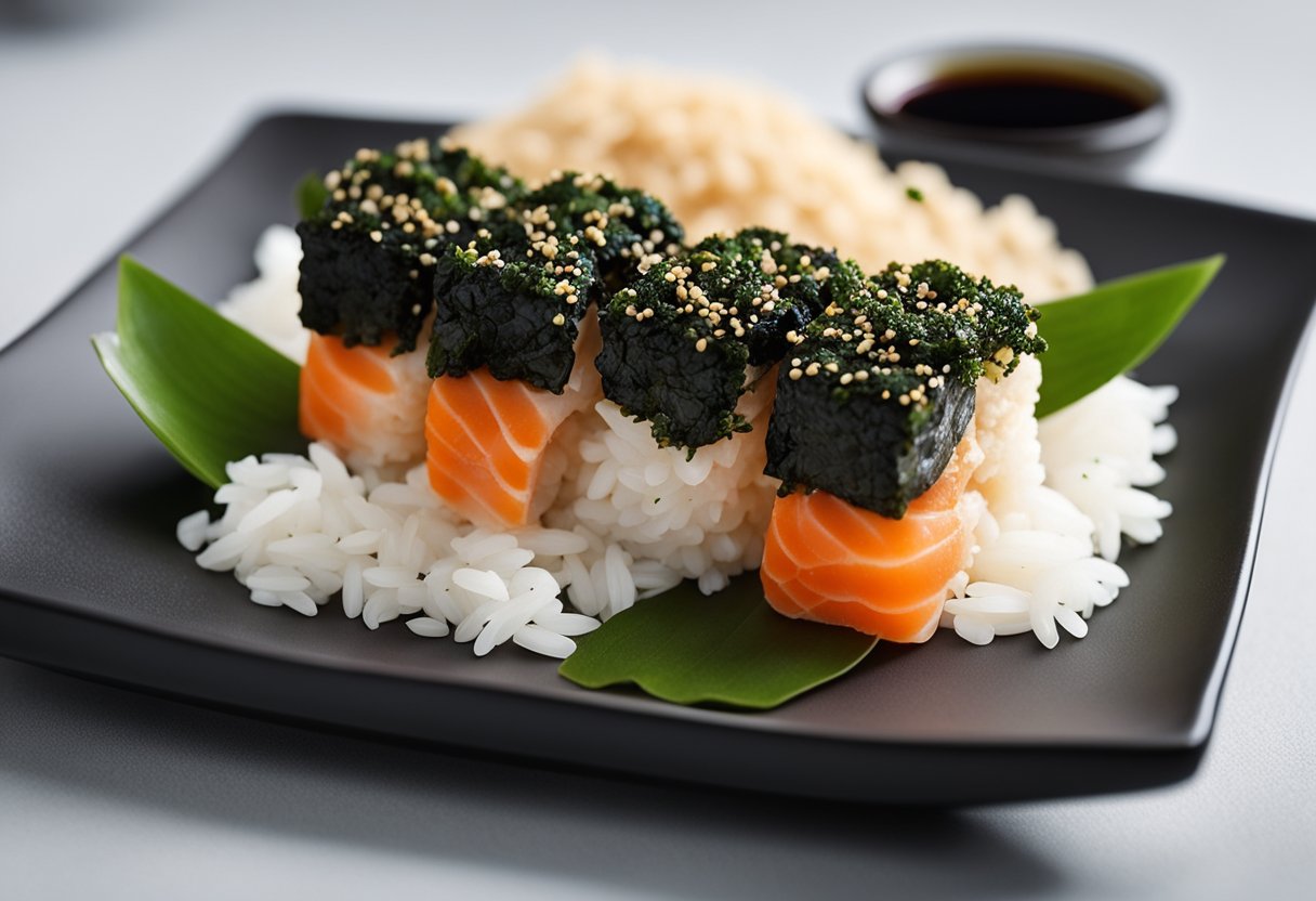 A plate of crab meat sushi, with rice and nori, garnished with sesame seeds and a side of soy sauce