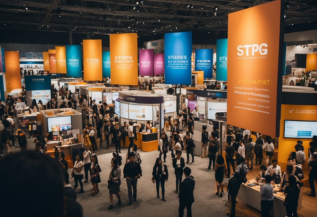 A bustling trade show with colorful banners and booths, featuring the words "Frequently Asked Questions strip promotions singapore" prominently displayed