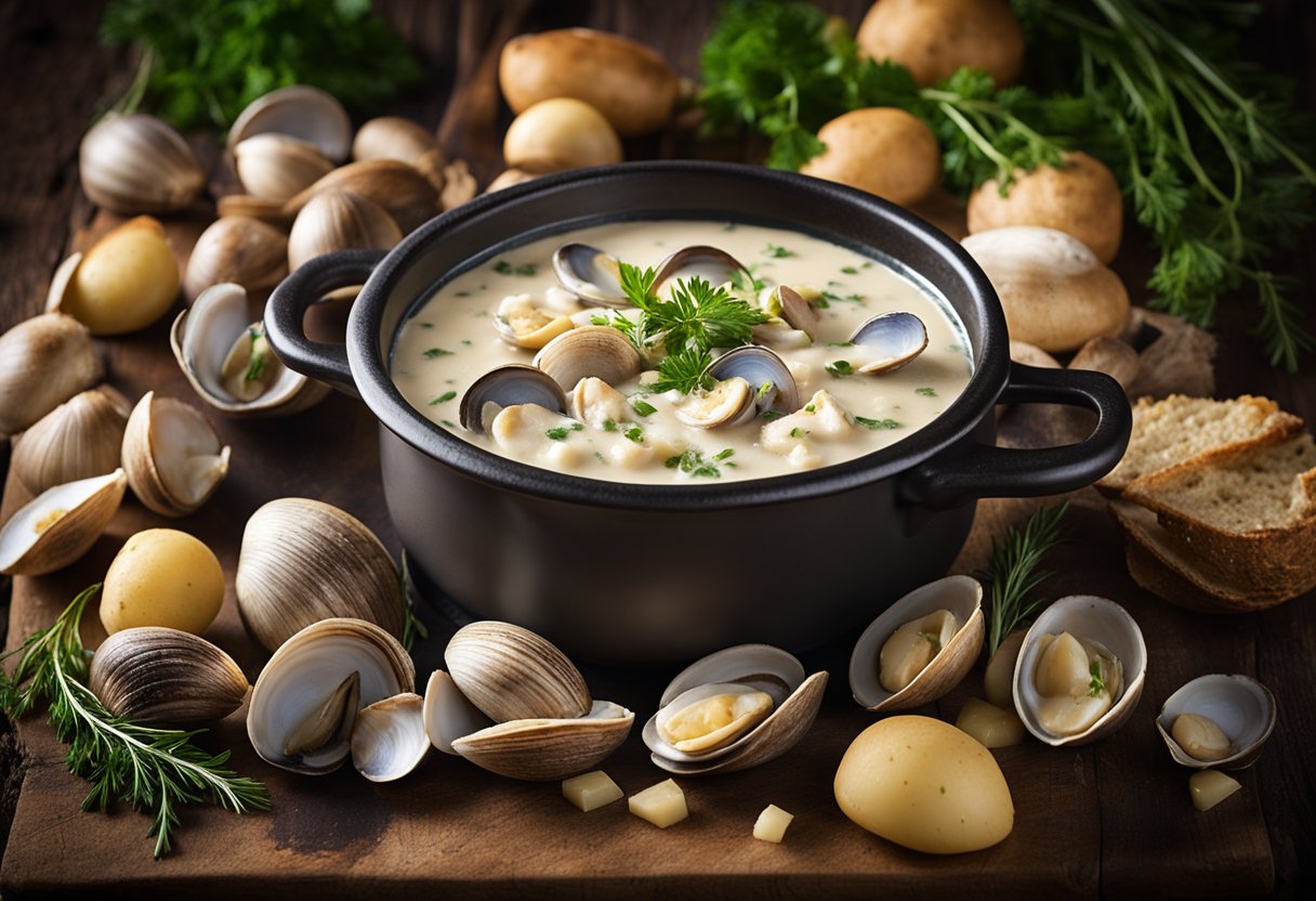 A steaming pot of creamy clam chowder surrounded by fresh clams, potatoes, and herbs on a rustic wooden table