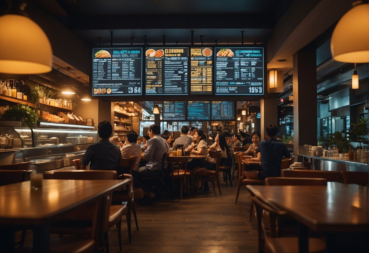 A crowded restaurant with a prominent "Frequently Asked Questions" display promoting Mad for Garlic in Singapore