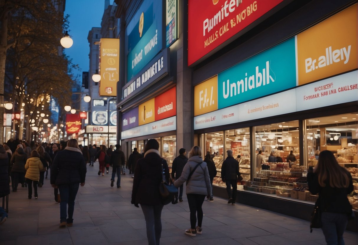 A bustling city street with colorful storefronts and large "Unmissable Shopping Deals" signs. Excited shoppers carrying bags and browsing through the promotions