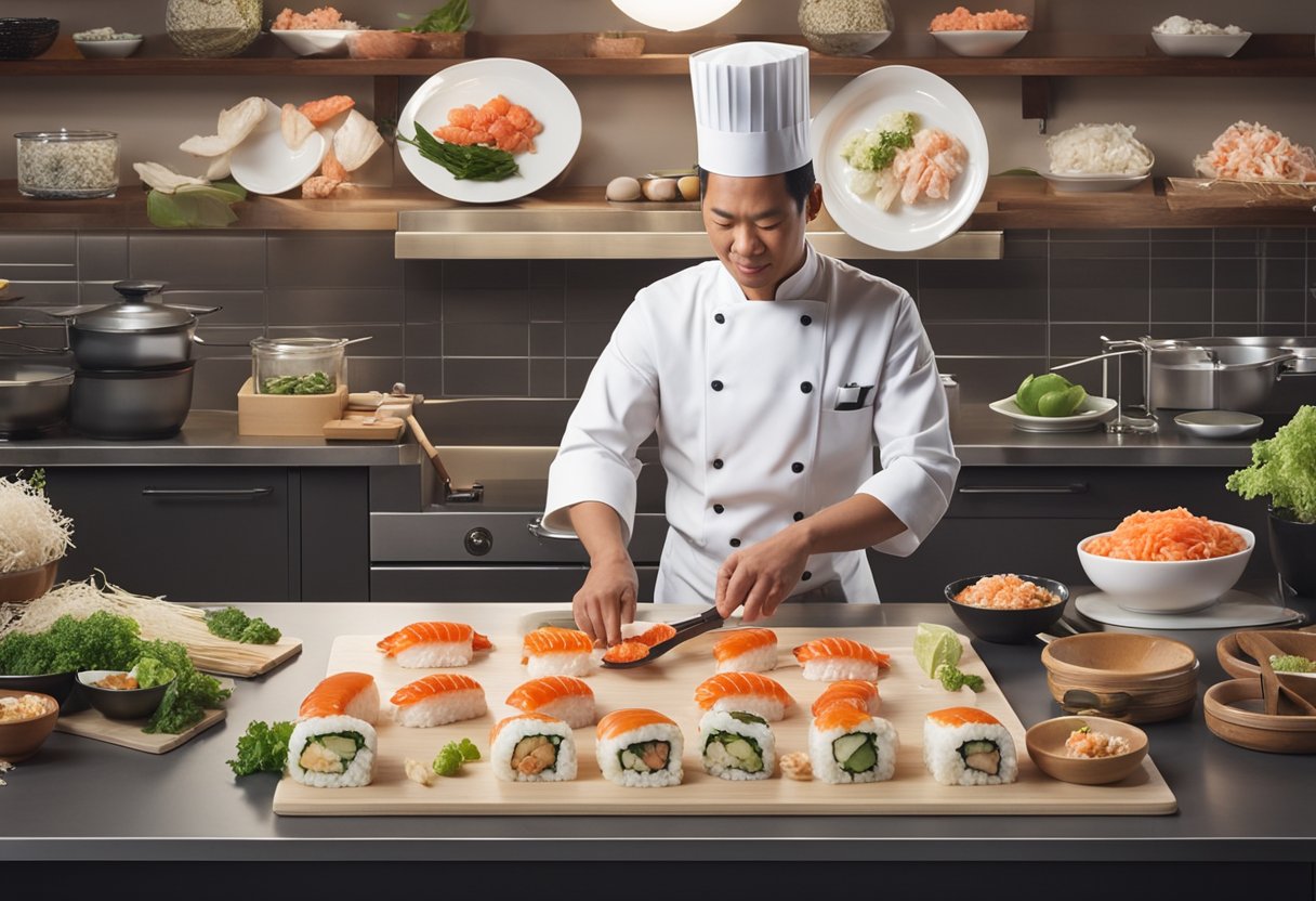 A chef preparing crab meat sushi, surrounded by ingredients and utensils, with a step-by-step guide visible in the background