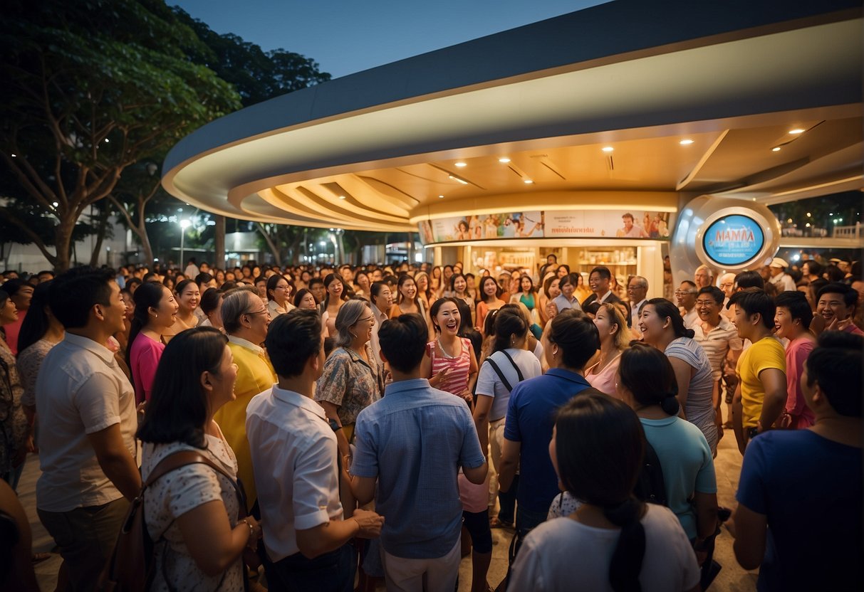 A crowd of people gathers around a promotional booth for the Mamma Mia musical in Singapore, eagerly asking questions and receiving information