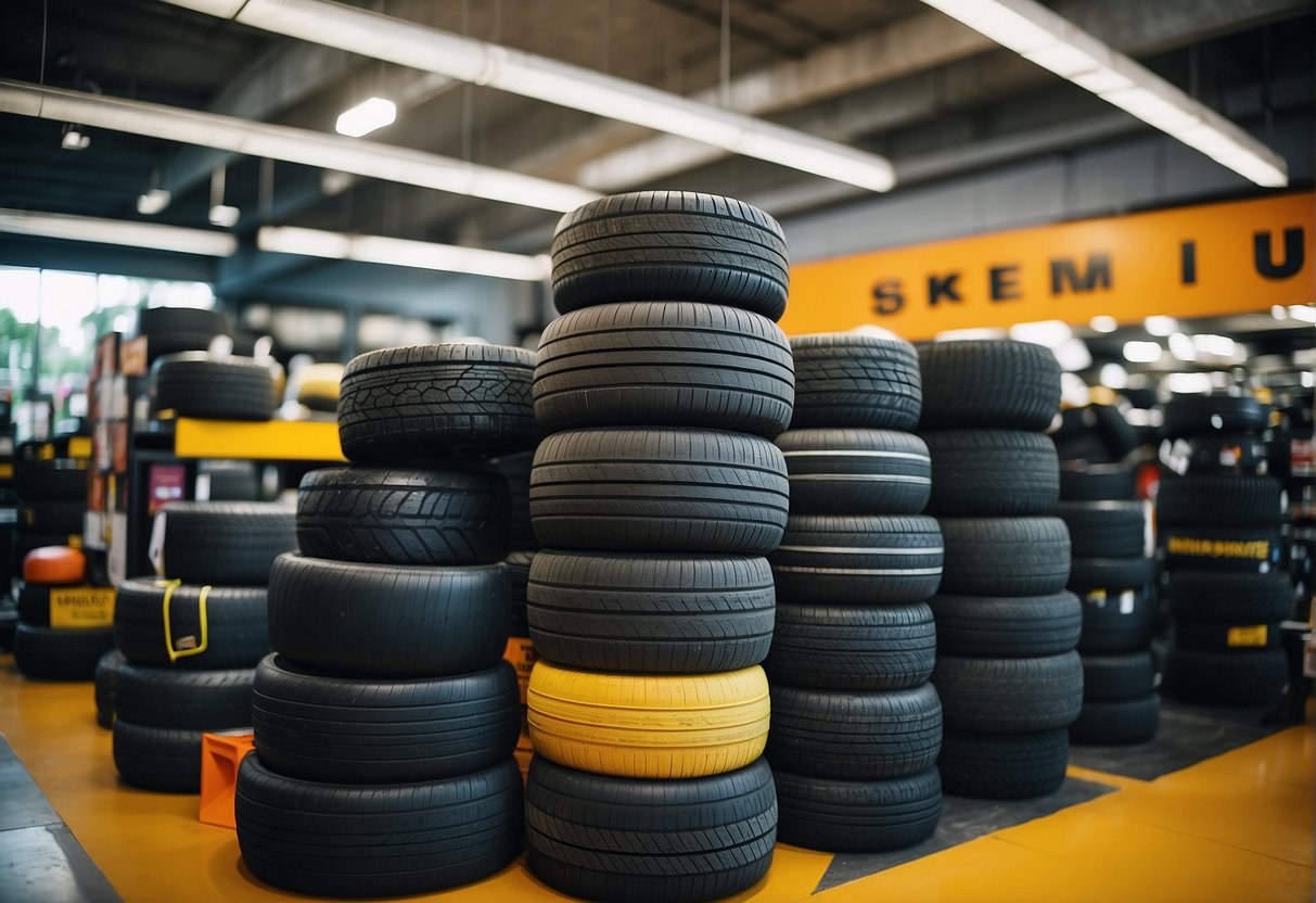 A colorful display of various tire brands and sizes with promotional signs in a busy Singaporean auto shop