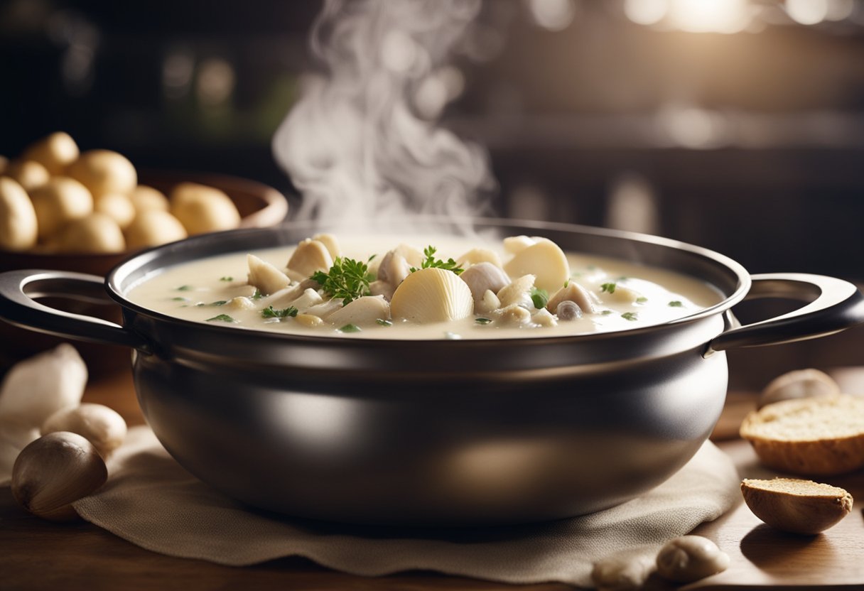 Steam rises from a large pot of simmering clam chowder. A chef stirs the creamy soup, adding chunks of tender clams and diced potatoes
