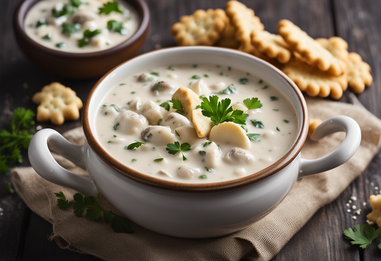 A steaming bowl of clam chowder surrounded by oyster crackers and a sprinkle of fresh parsley, served in a rustic, ceramic bowl