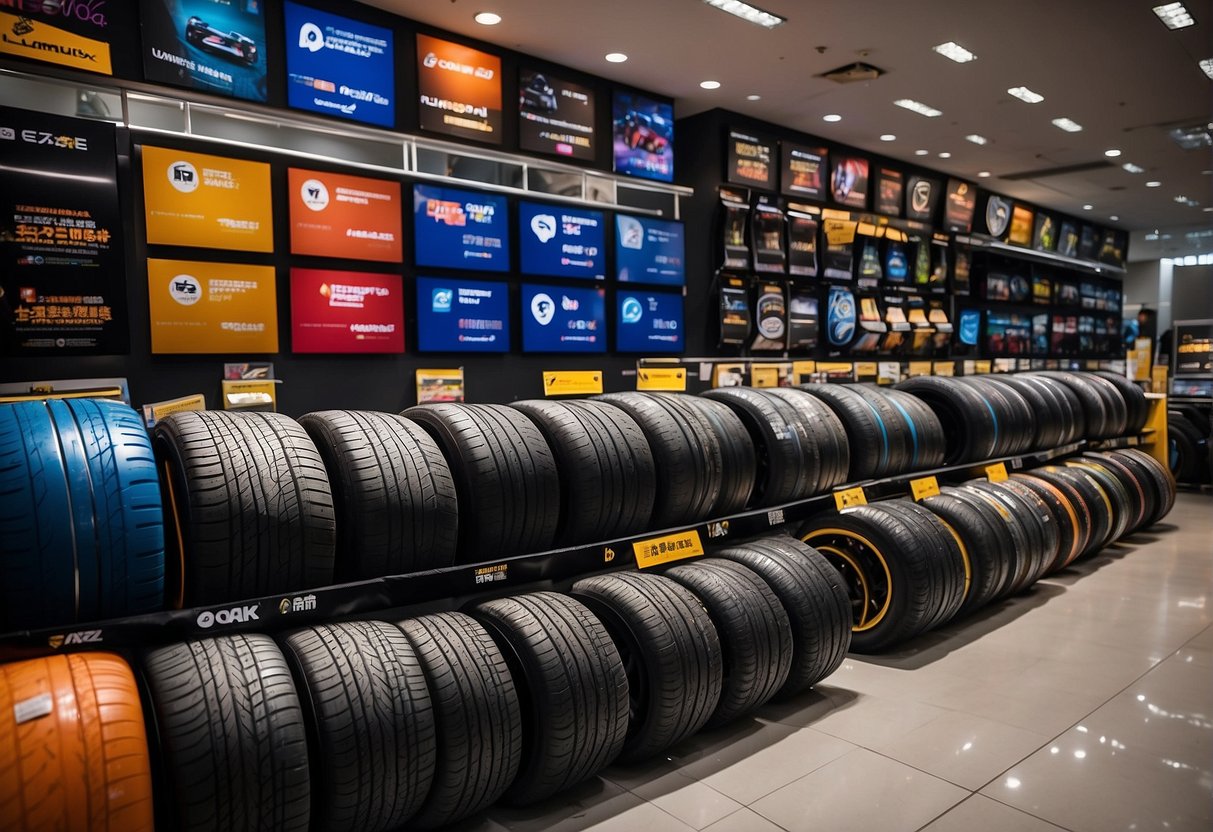 A colorful display of 2024 Tyre Promotions in Singapore, featuring various tire brands and promotional offers