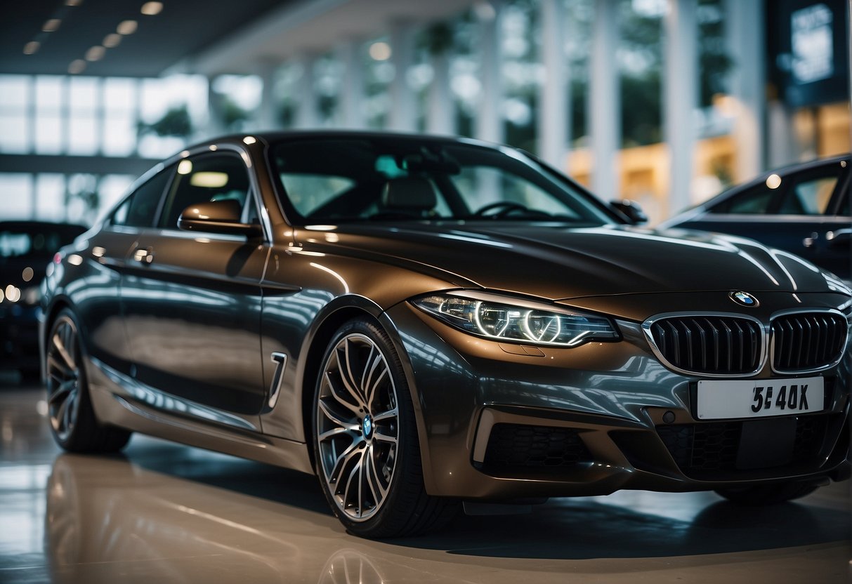 A sleek BMW car parked next to a display of promotional tyres in Singapore