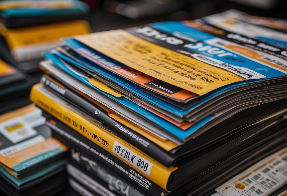 A stack of colorful promotional flyers for tyre deals in Singapore, with bold text and eye-catching graphics