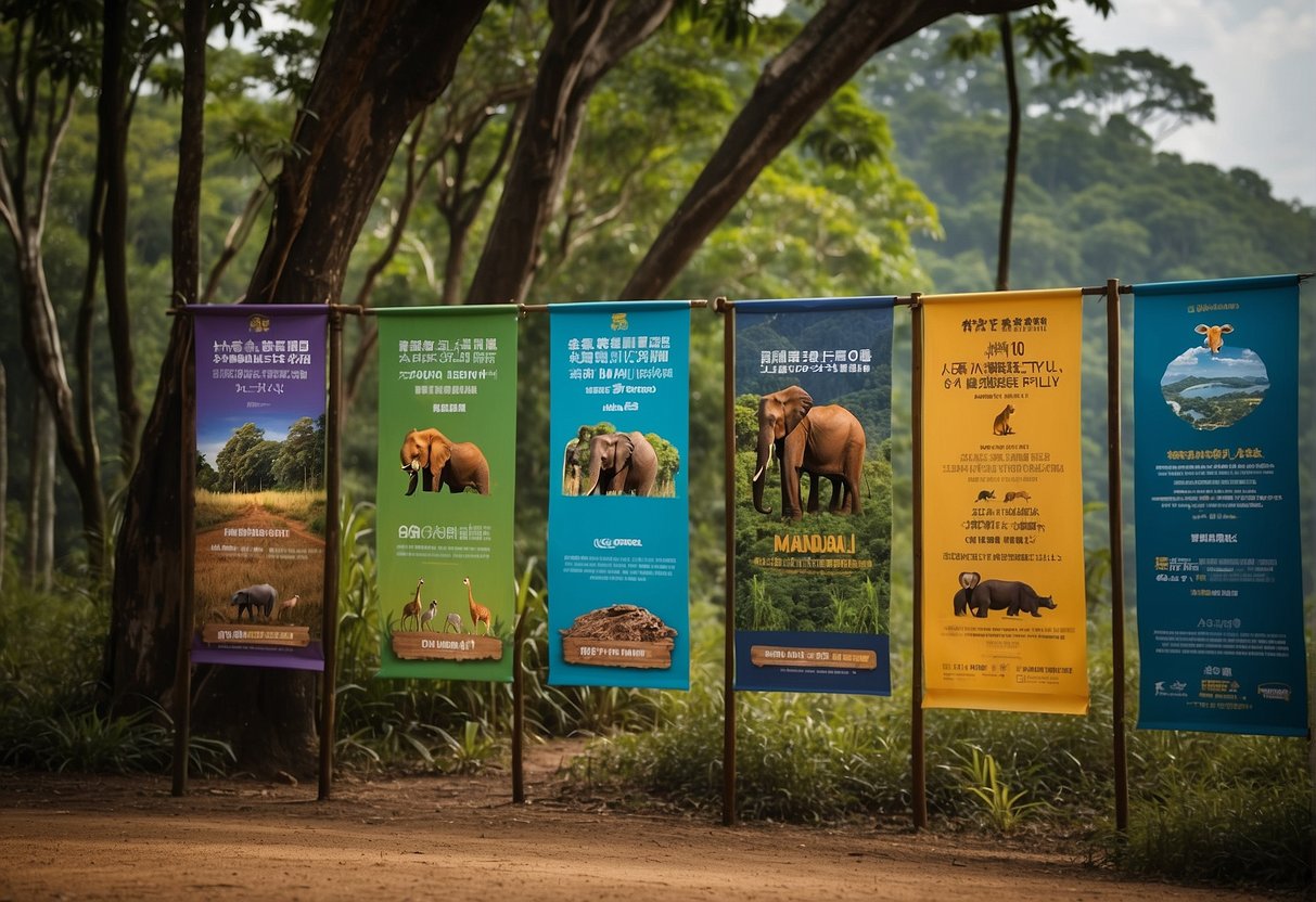 Colorful banners and signs promote special offers at Mandai Wildlife Reserve in Singapore. Visitors flock to the area, enticed by the exciting promotions