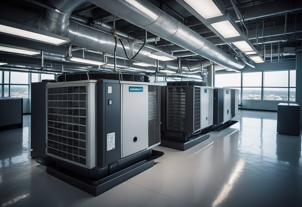 A modern HVAC system in a commercial building, with sleek ductwork and efficient components, set against the backdrop of Kennesaw, GA's urban landscape