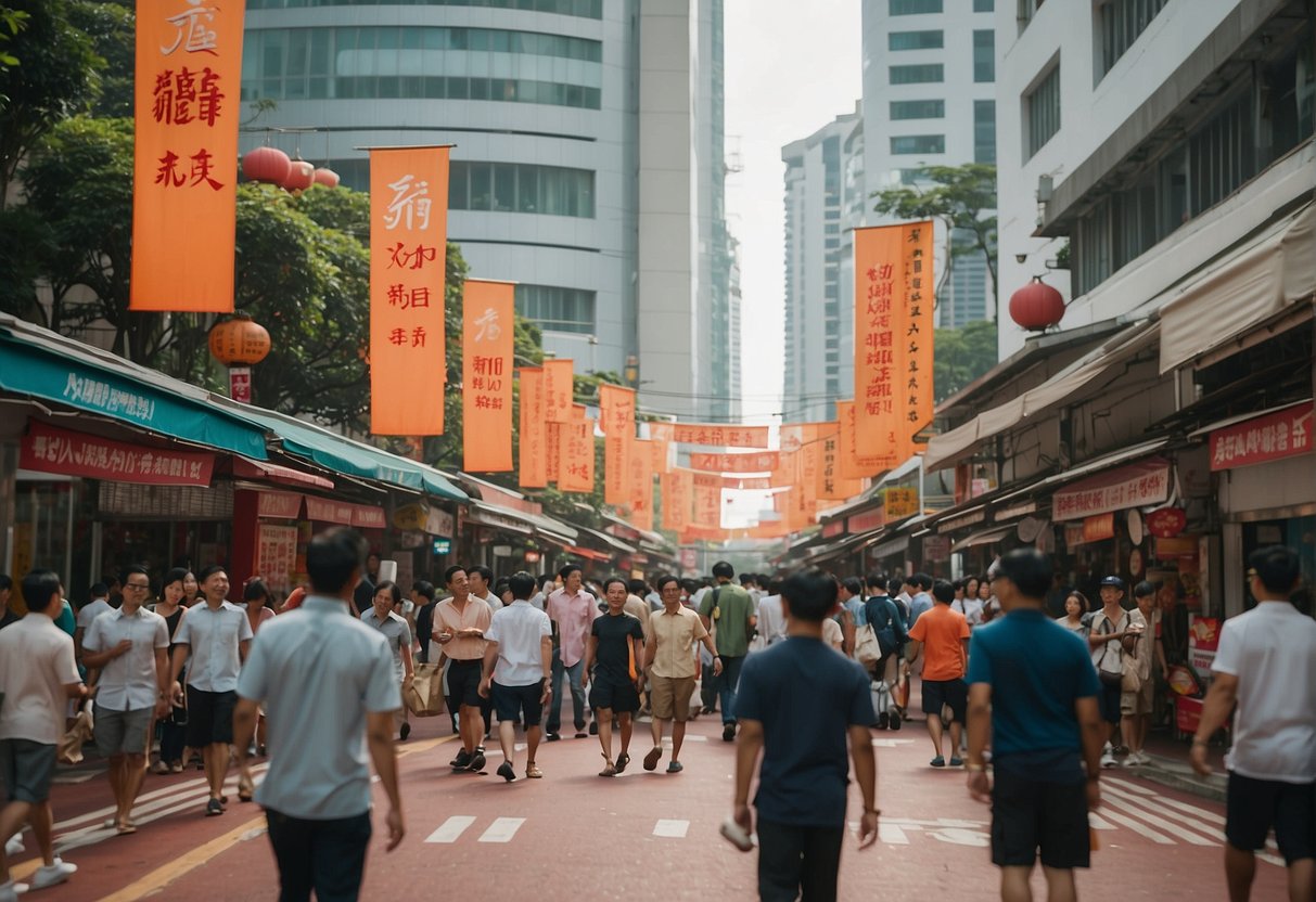 A bustling street in Singapore, with colorful banners and signs promoting Tajimaya. Busy pedestrians and vibrant energy fill the scene