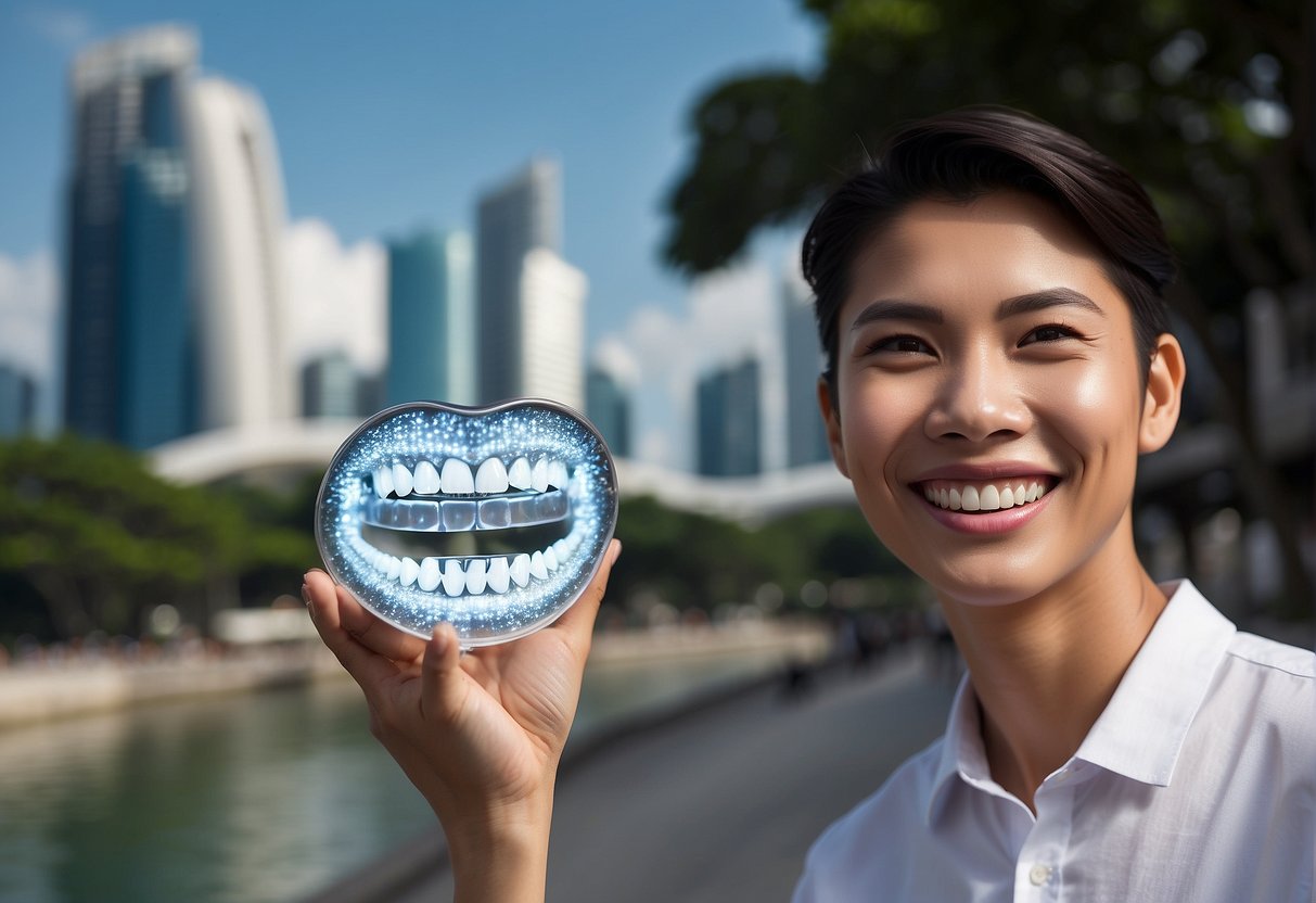 A bright, sparkling smile is showcased against a backdrop of iconic Singaporean landmarks, promoting teeth whitening services