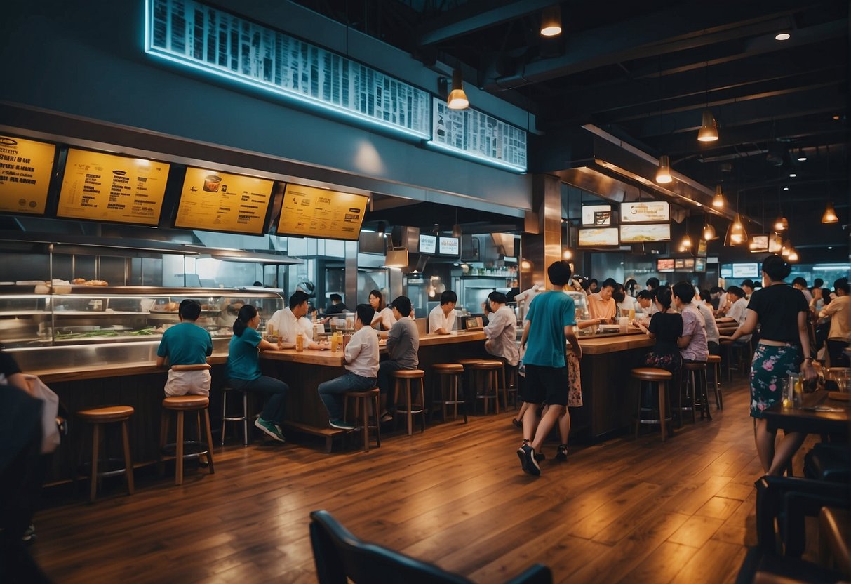A bustling scene at Manhattan Fish Market in Singapore, with colorful promotions and a lively atmosphere