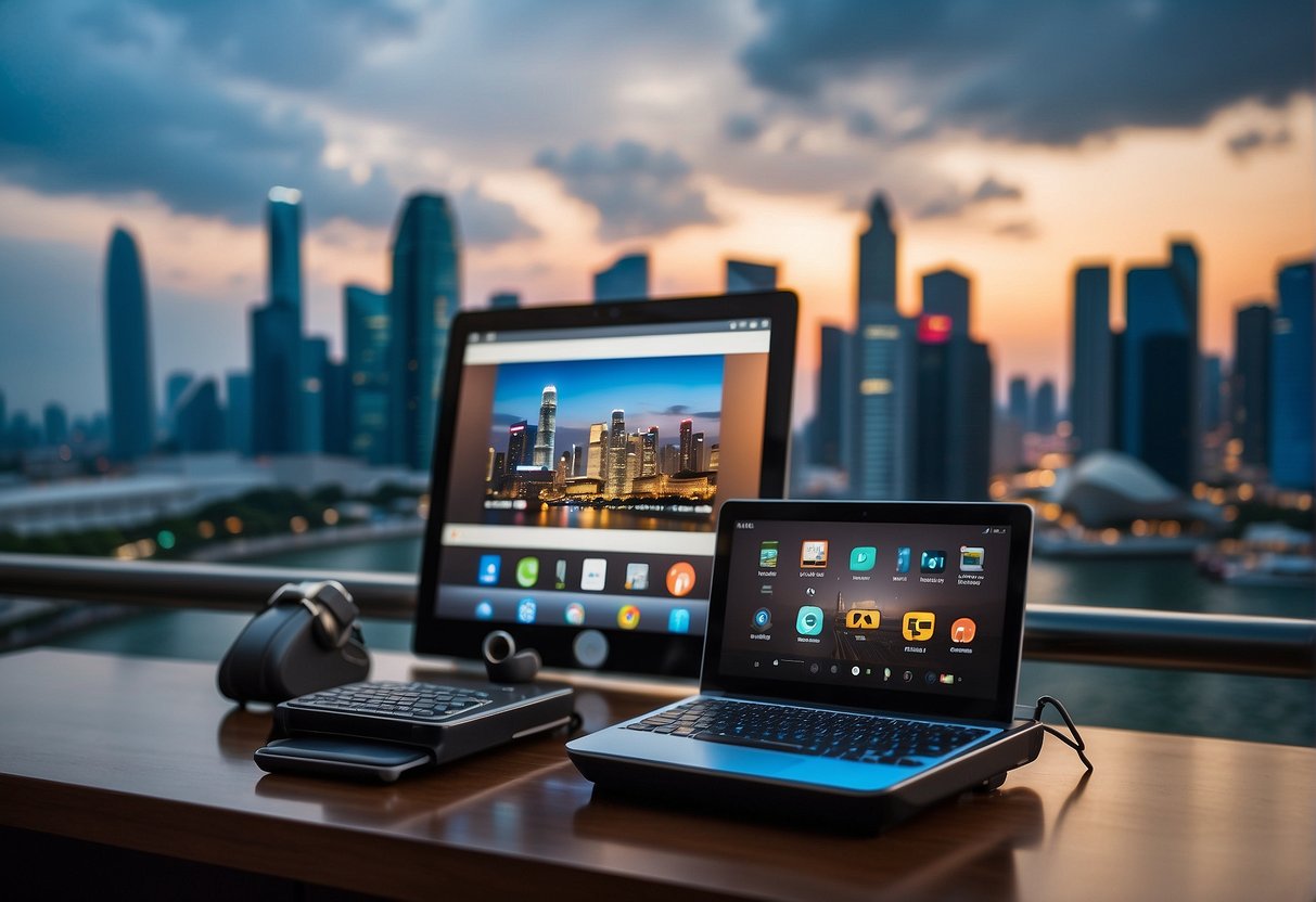 A table displaying various tech accessories with the talk n text 10 promotions logo in the backdrop, set against the backdrop of the iconic Singapore skyline