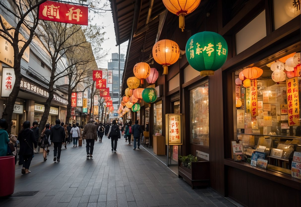 Colorful banners and signs adorn the entrance of Tajimaya, drawing in crowds with enticing promotions and discounts. The vibrant display creates a lively and inviting atmosphere