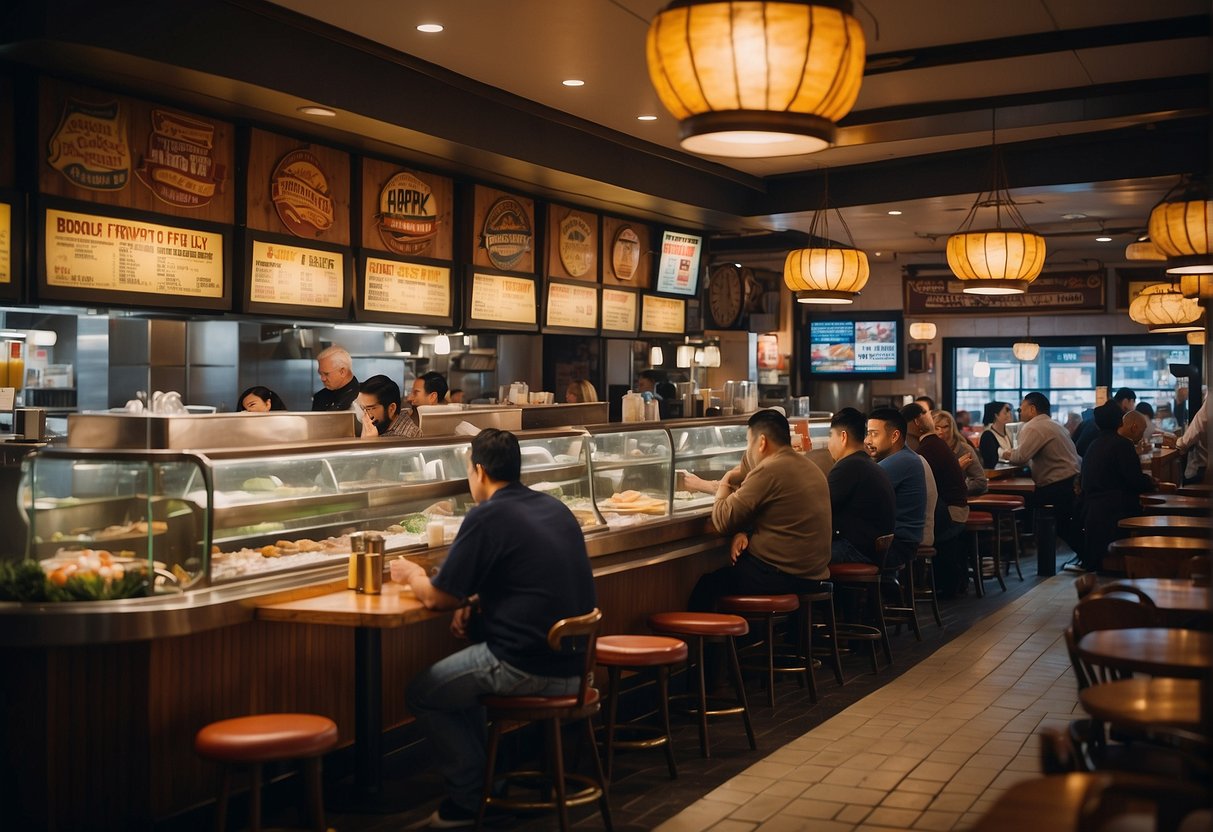 A bustling seafood restaurant with vibrant signage and crowded tables, showcasing unbeatable deals and promotions at The Manhattan Fish Market