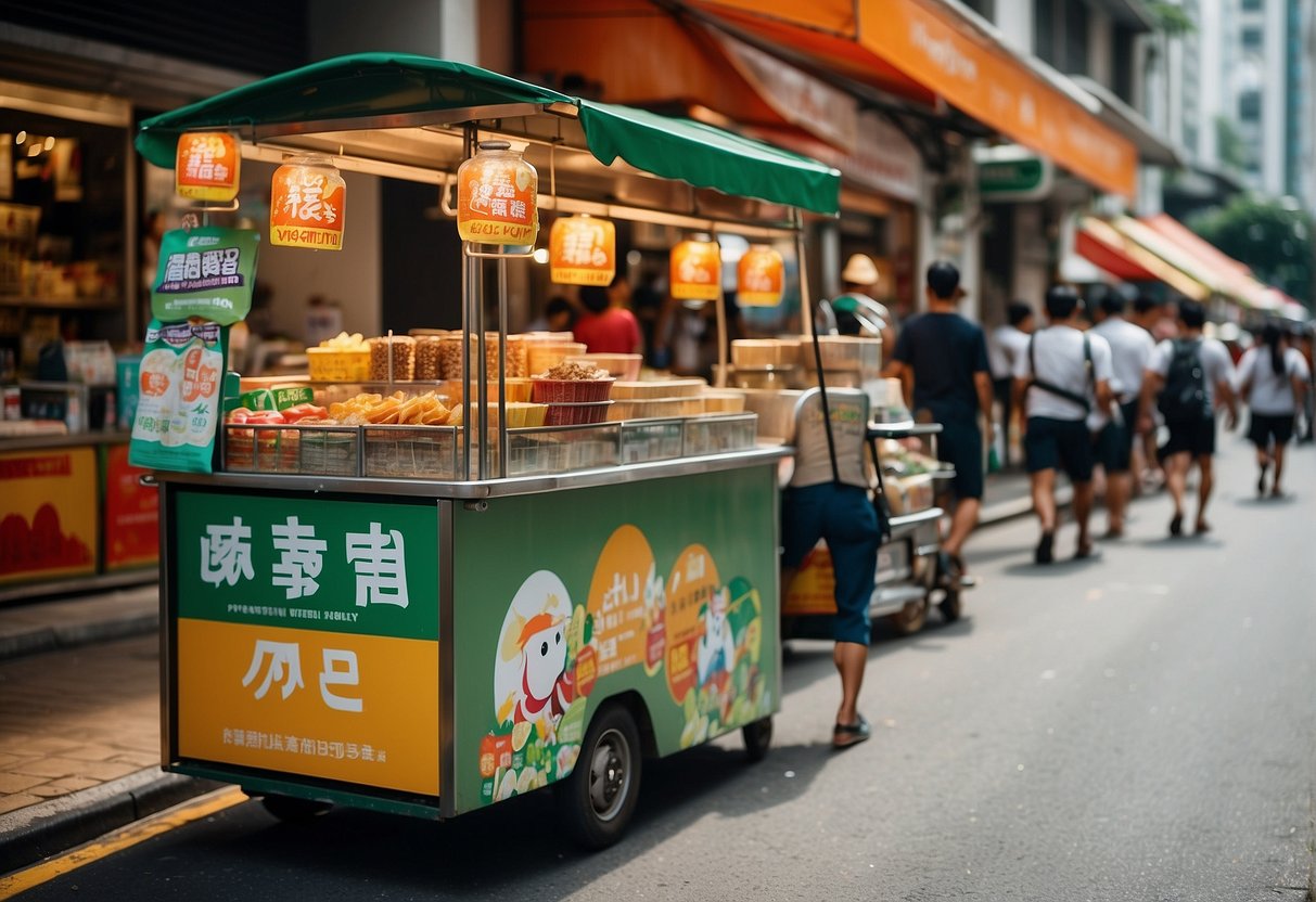 A bustling street in Singapore with colorful banners and promotional materials for Milo products displayed in storefronts and on street vendors' carts