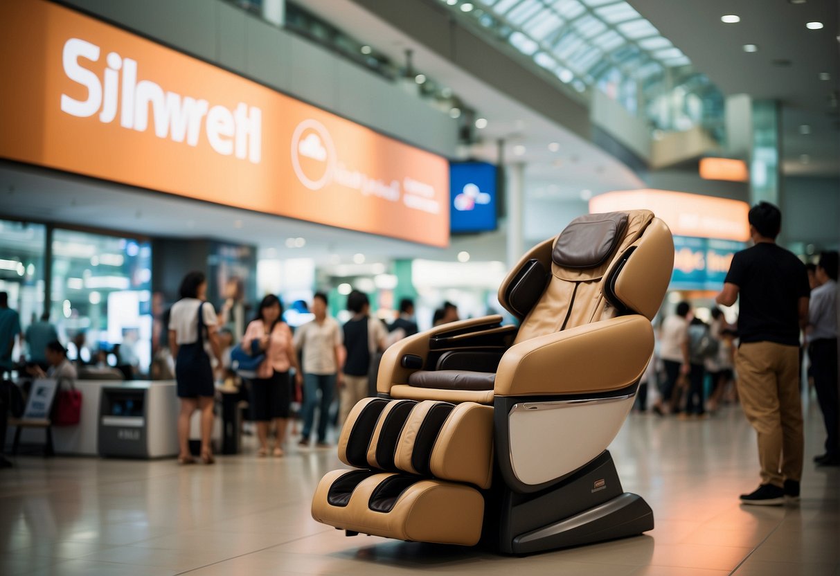 A massage chair surrounded by promotional banners and a crowd of interested onlookers in a bustling Singapore mall