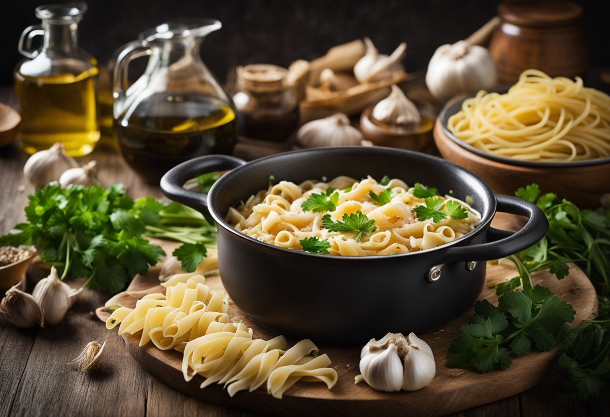 A pot of boiling water, pasta, and a saucepan with crab, garlic, olive oil, and parsley. Ingredients scattered around