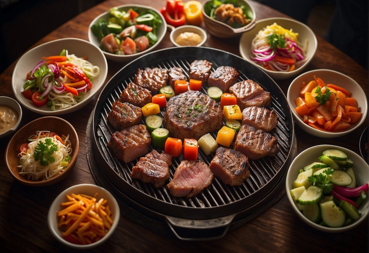 A sizzling grill with various cuts of marinated meat, surrounded by colorful vegetables and condiments, with a sign promoting Yakiniku deals at Tajimaya in Singapore