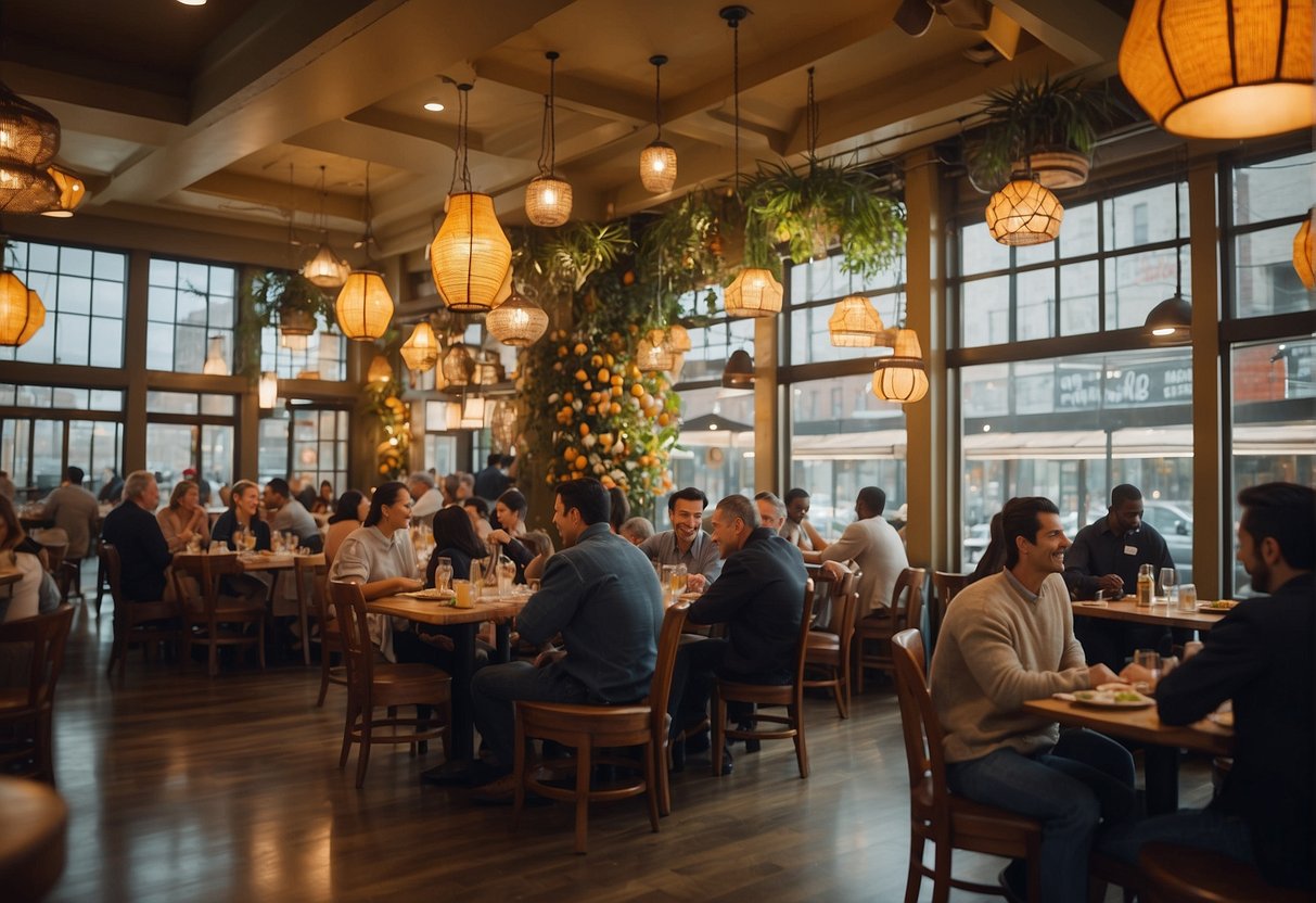 A bustling restaurant with vibrant decor, a display of fresh seafood, and happy diners enjoying delicious meals at The Manhattan Fish Market