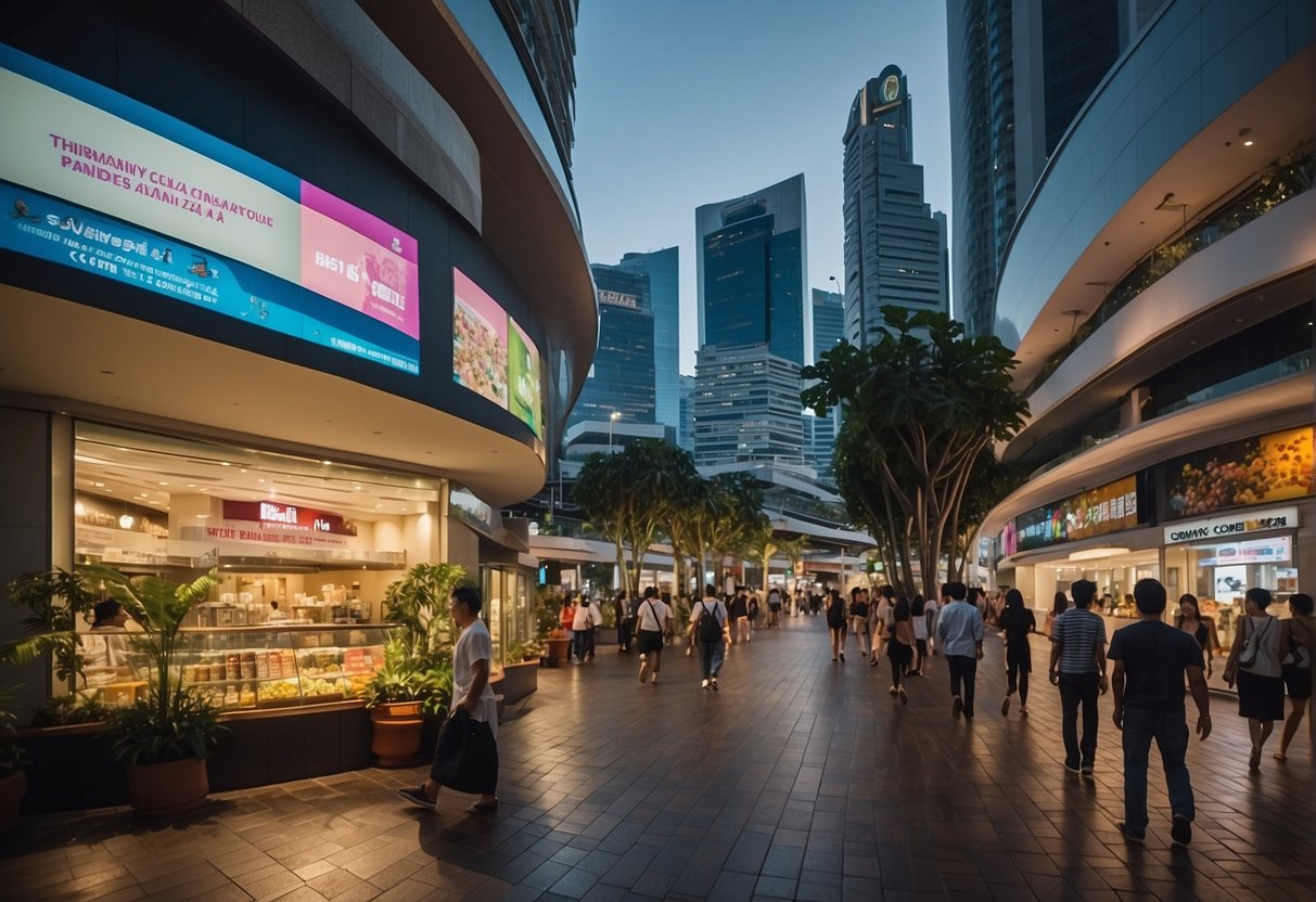 A bustling street in Singapore, with vibrant Melaleuca promotions displayed in shop windows and on billboards. The city skyline looms in the background