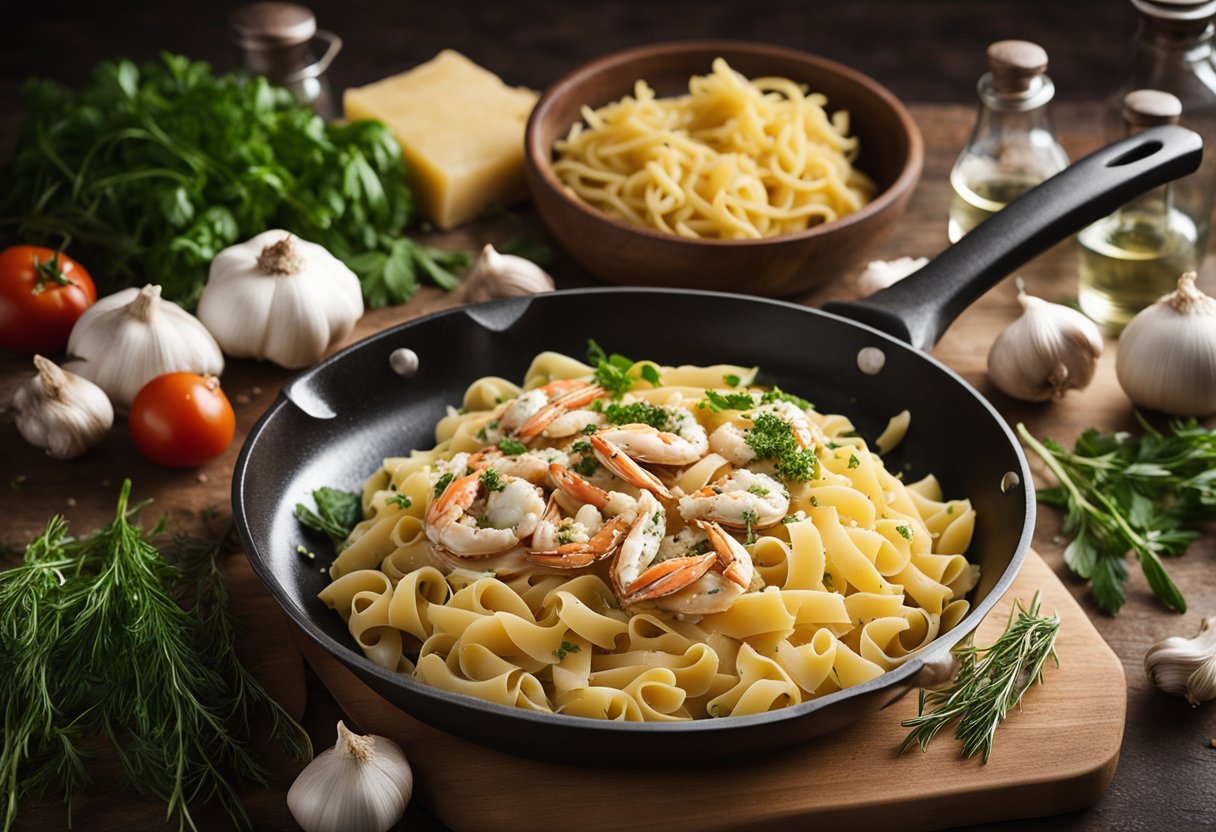 A cutting board with fresh crab, pasta, garlic, and herbs. A pot of boiling water and a skillet ready for cooking