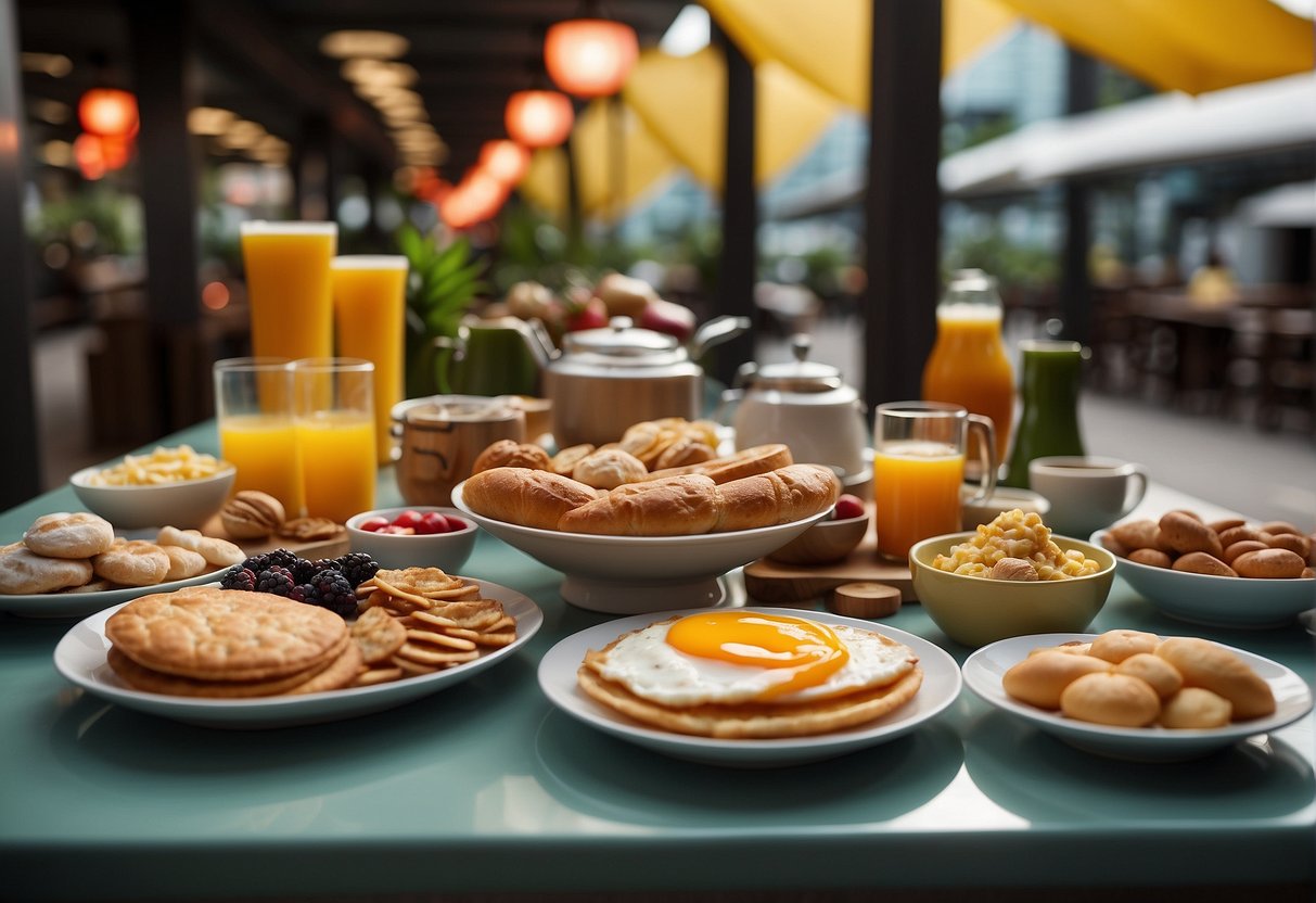 A table filled with delicious breakfast items, surrounded by colorful promotional banners and signs for Milo products in Singapore
