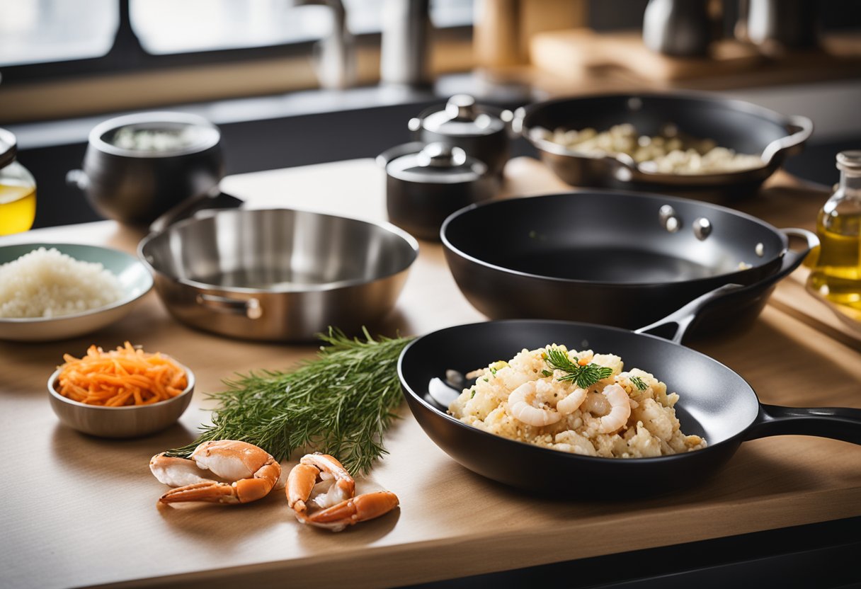 Ingredients and utensils laid out on a clean kitchen counter. A pot of boiling water, a pan with sizzling garlic and olive oil, and a bowl of cooked crab meat