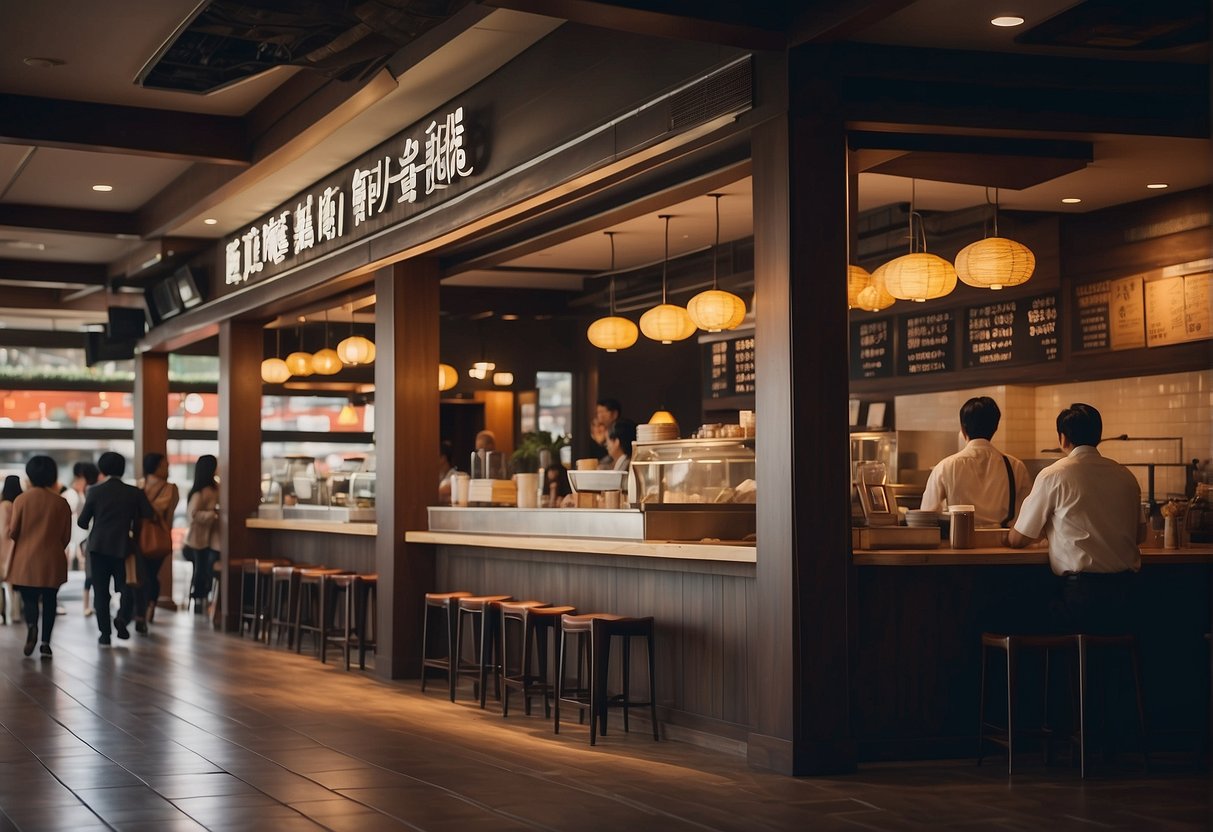 A bustling restaurant with Tajimaya promotions signage, customers dining, and staff serving