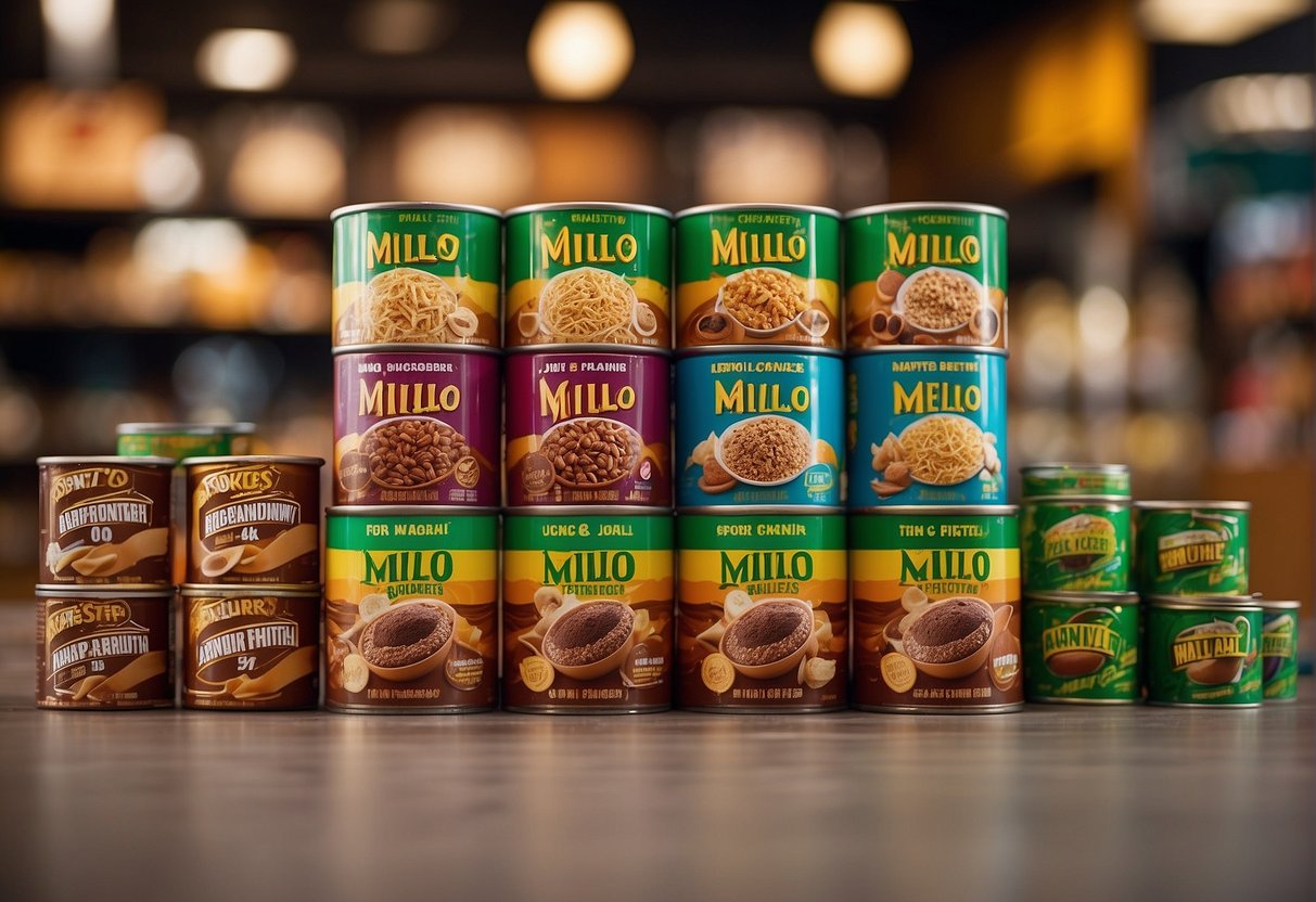 Colorful display of discounted Milo products with eye-catching signage, surrounded by happy customers grabbing their favorite deals