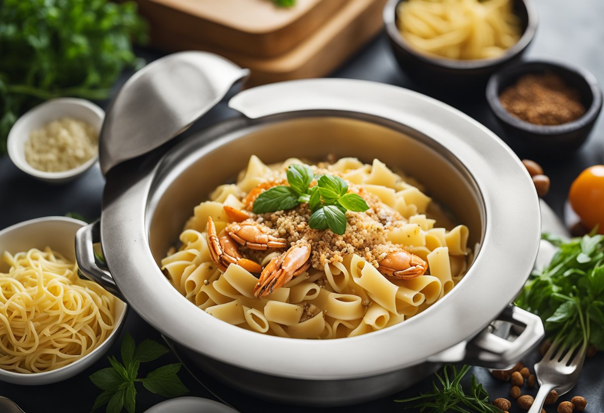 A large pot of boiling water with pasta inside, a bowl of crab meat, and a variety of herbs and spices on a kitchen counter