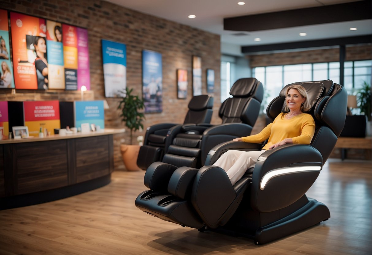 A massage chair surrounded by colorful promotional banners, with excited customers trying out the chairs and staff demonstrating their features