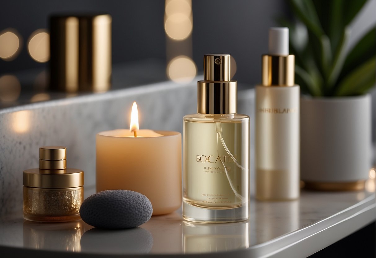 A luxurious spa setting with elegant skincare products displayed on a sleek, modern counter. Soft lighting creates a warm, inviting ambiance
