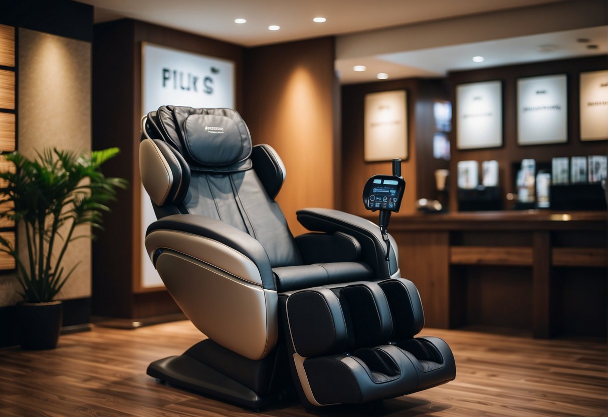 A luxurious massage chair surrounded by promotional banners and a relaxing atmosphere in Singapore