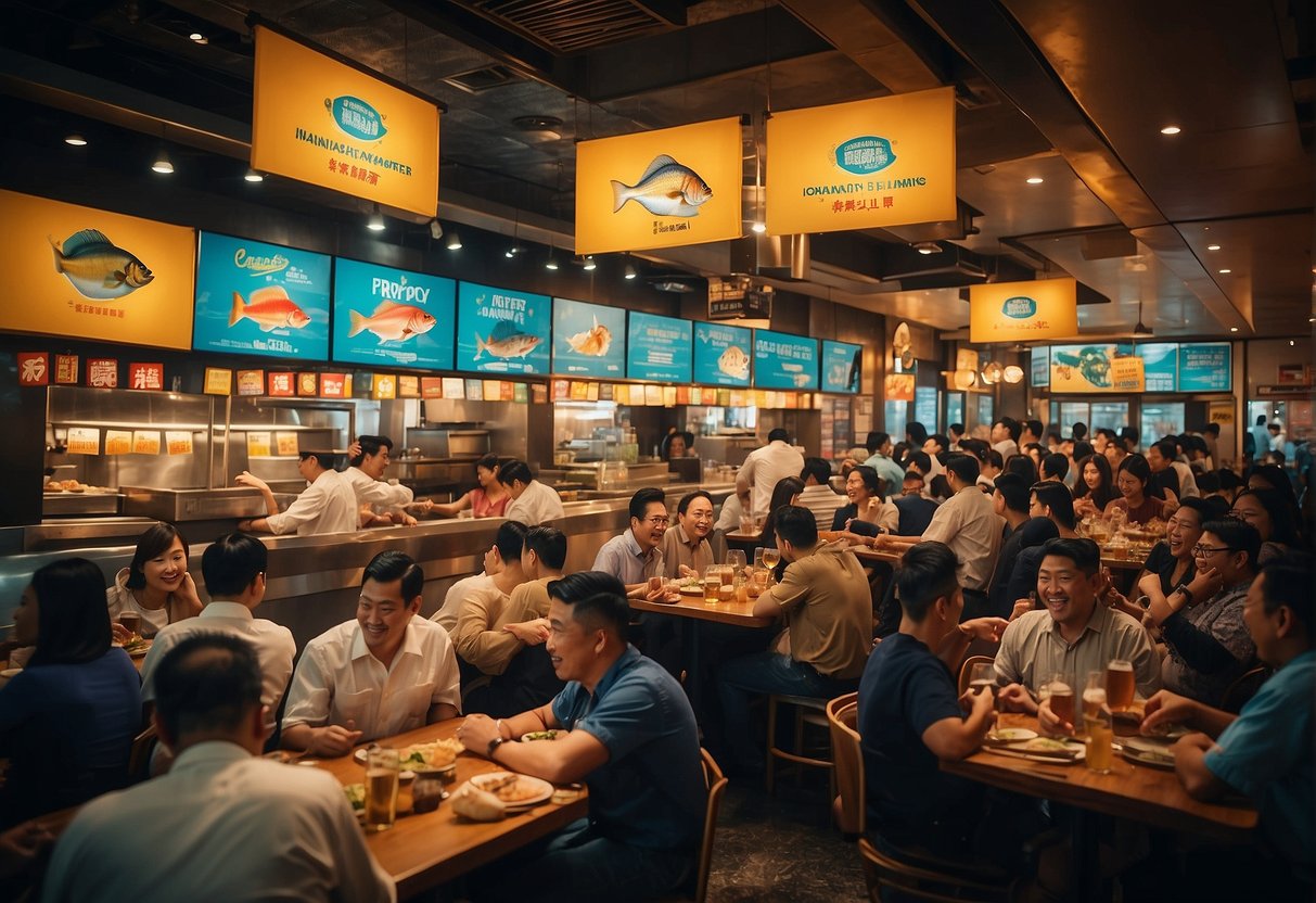 A crowded restaurant with a vibrant atmosphere, featuring colorful promotional banners and signs for The Manhattan Fish Market promotions in Singapore