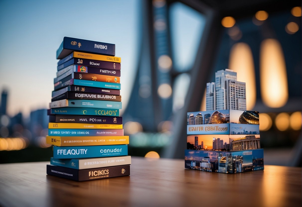 A stack of promotional materials with "Frequently Asked Questions" logo, surrounded by Singapore landmarks