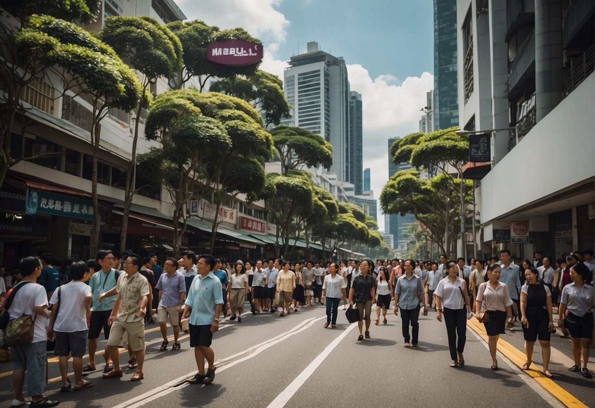 A bustling Singapore street with a prominent Melaleuca promotions sign, surrounded by curious onlookers and potential customers