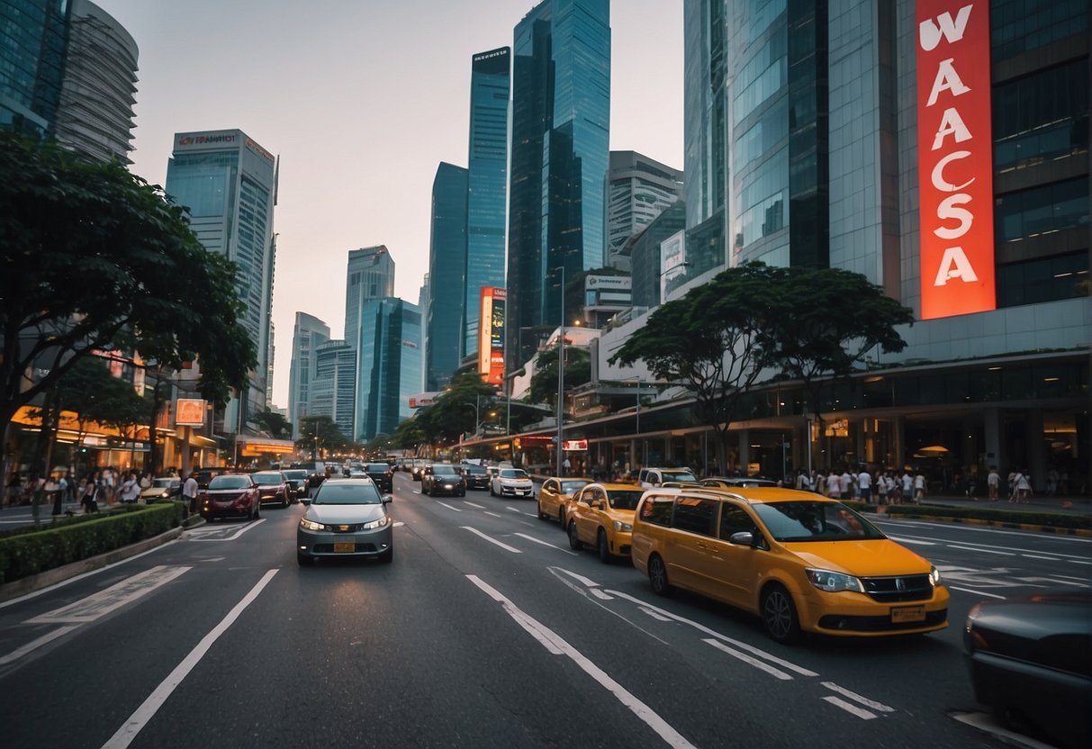 A bustling city street with vibrant signage for WCA Promotions Singapore. Tall buildings and busy traffic convey a sense of energy and excitement