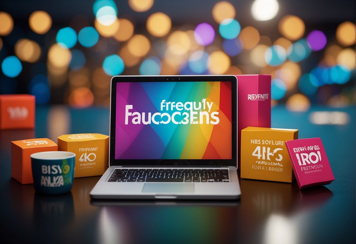 A colorful display of promotional products with the "Frequently Asked Questions" logo in the background