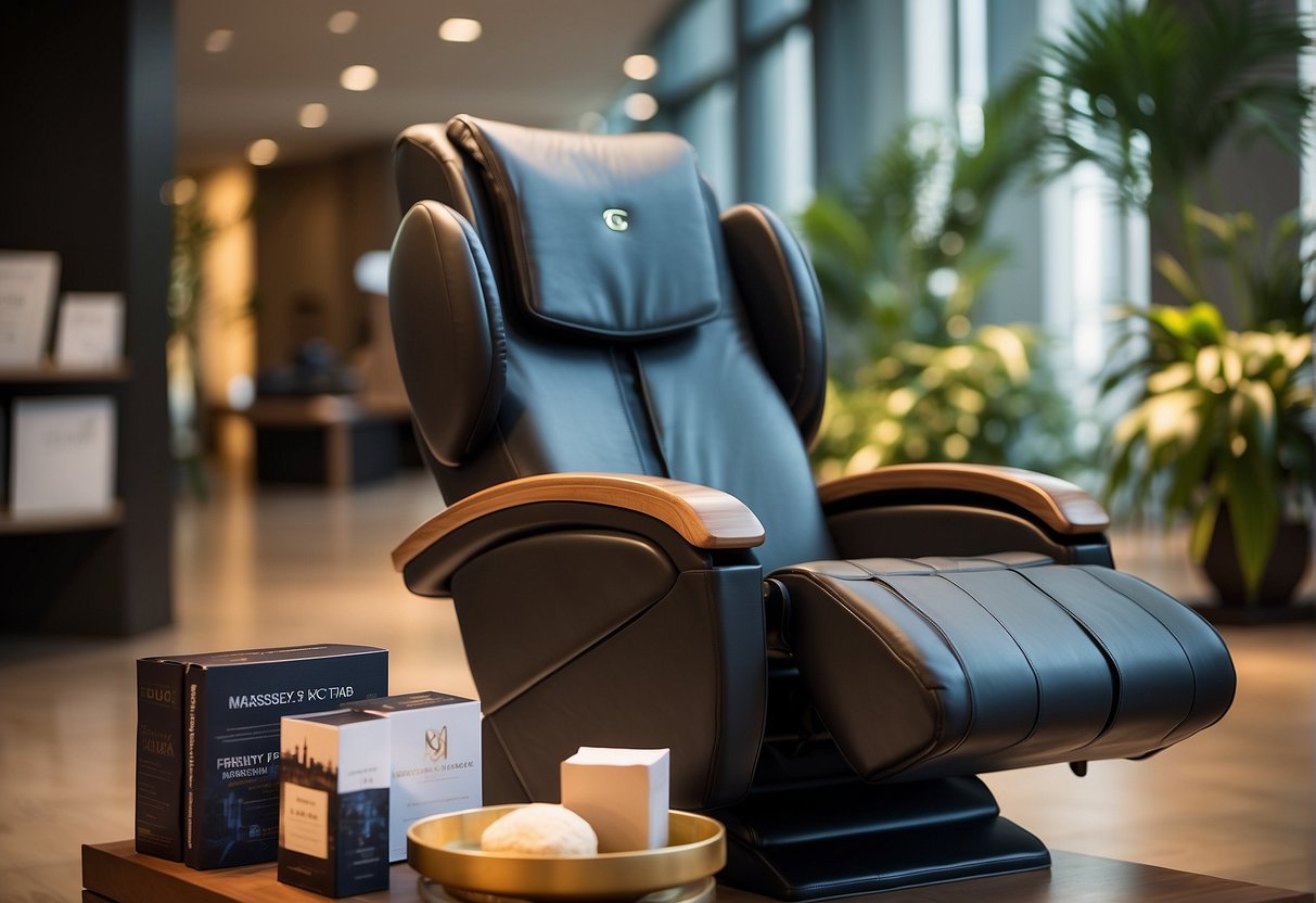 A massage chair surrounded by promotional materials, with a "Frequently Asked Questions" sign in Singapore