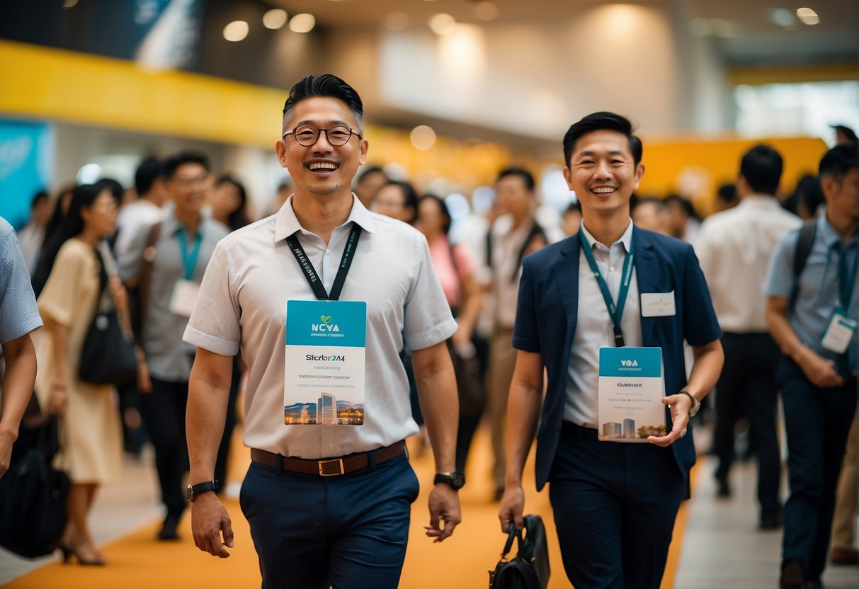 Attendees receiving exclusive promotions at WCA 2024 in Singapore. Bright, colorful banners and excited expressions