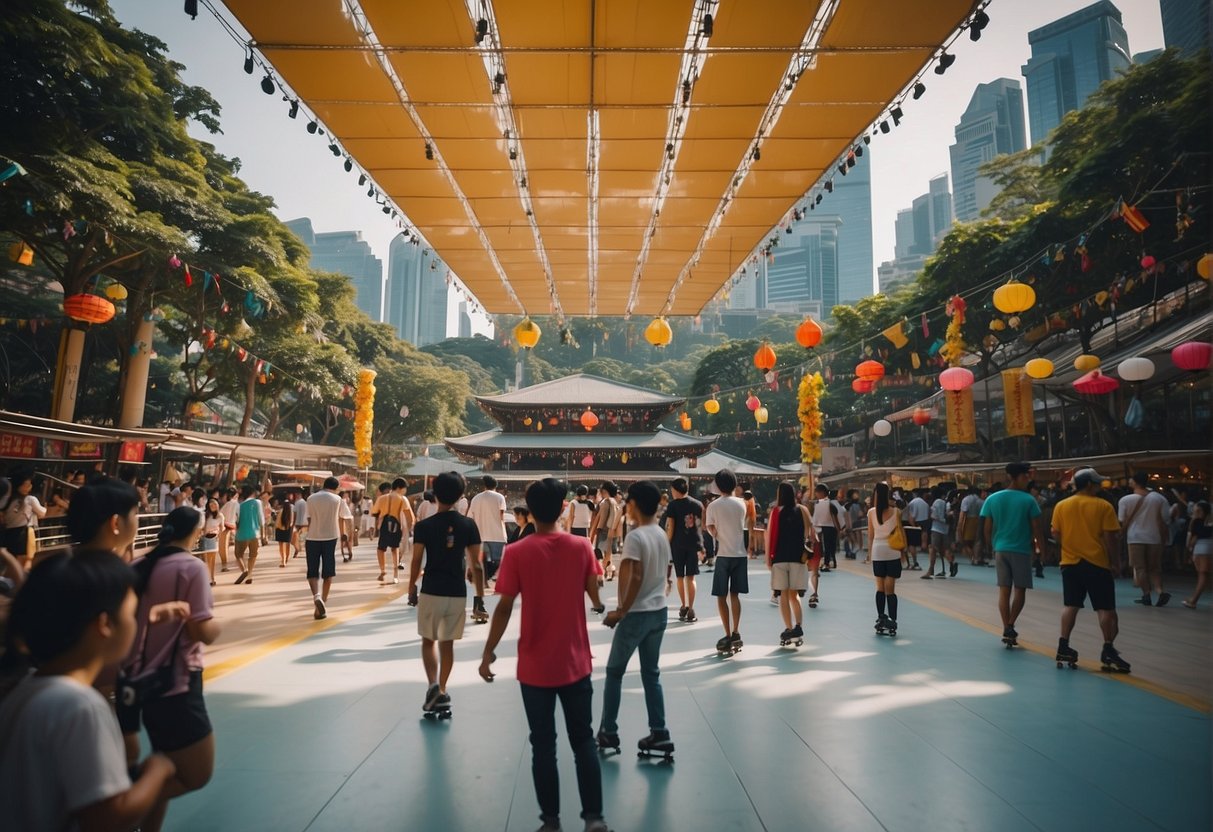 The rink promotions in Singapore feature colorful banners and lively music, with people skating and enjoying the festive atmosphere