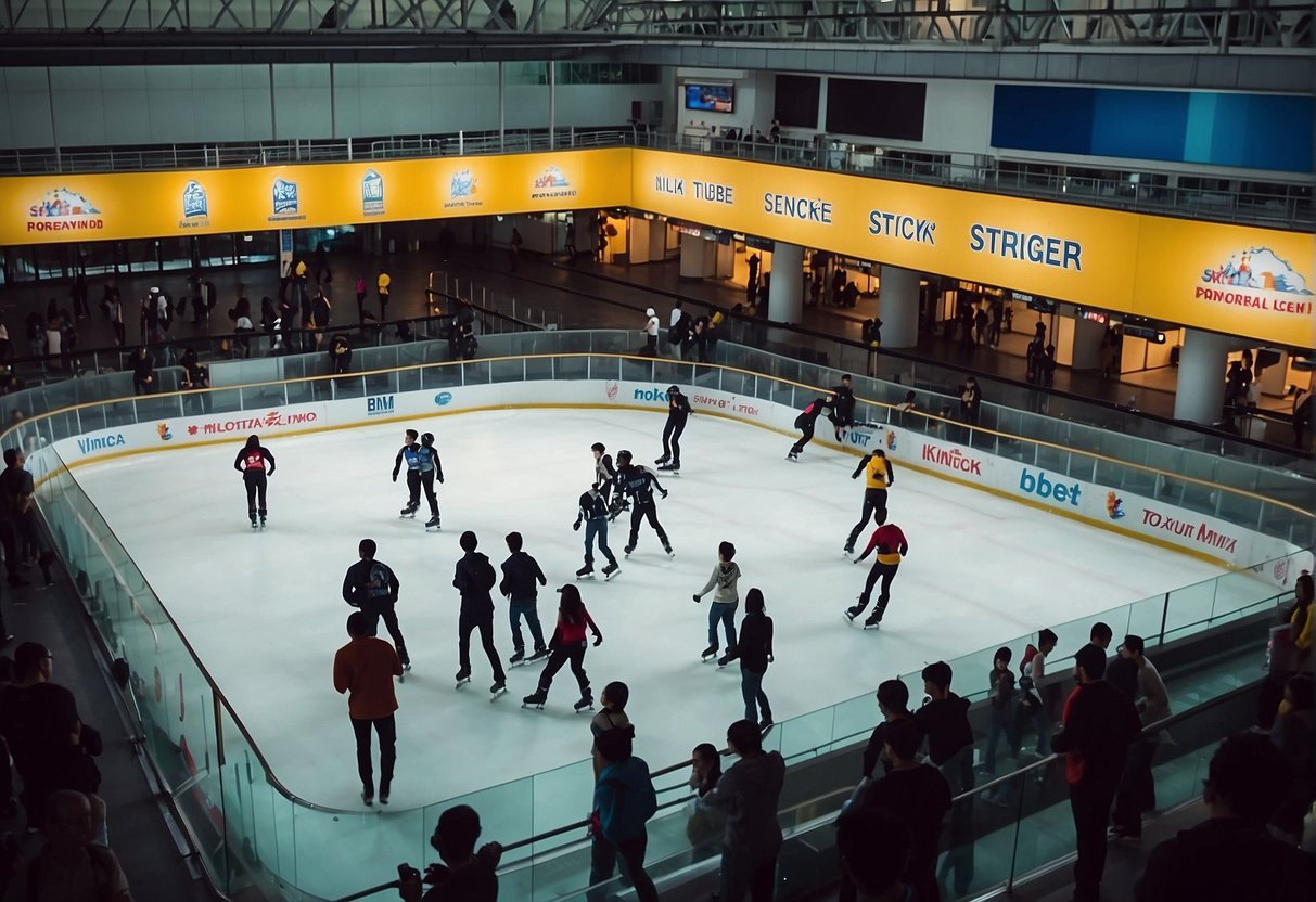 A colorful banner displays "Discover the Latest Skating Promotions" at the entrance of a bustling ice rink in Singapore. The rink is filled with excited skaters enjoying the latest promotions