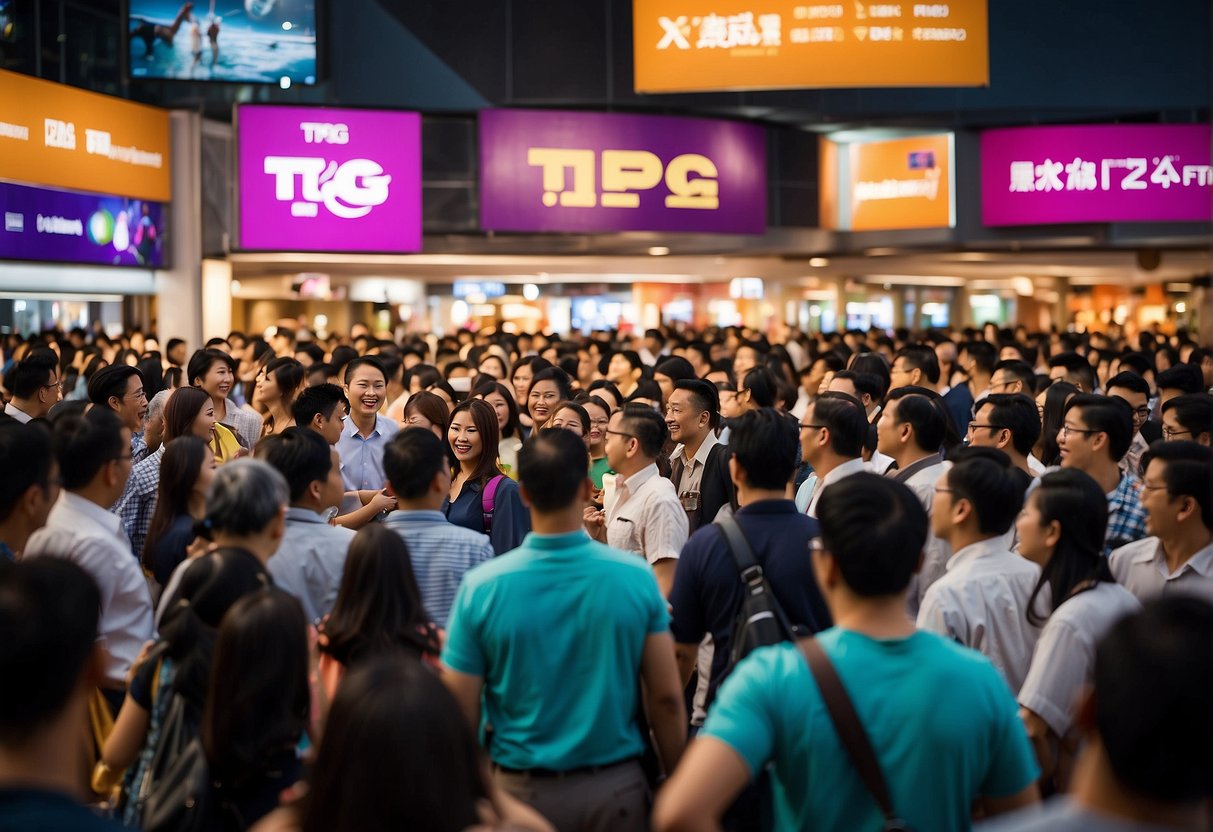An energetic crowd gathers around a vibrant display of TPG promotions in Singapore, with colorful banners and enthusiastic customers