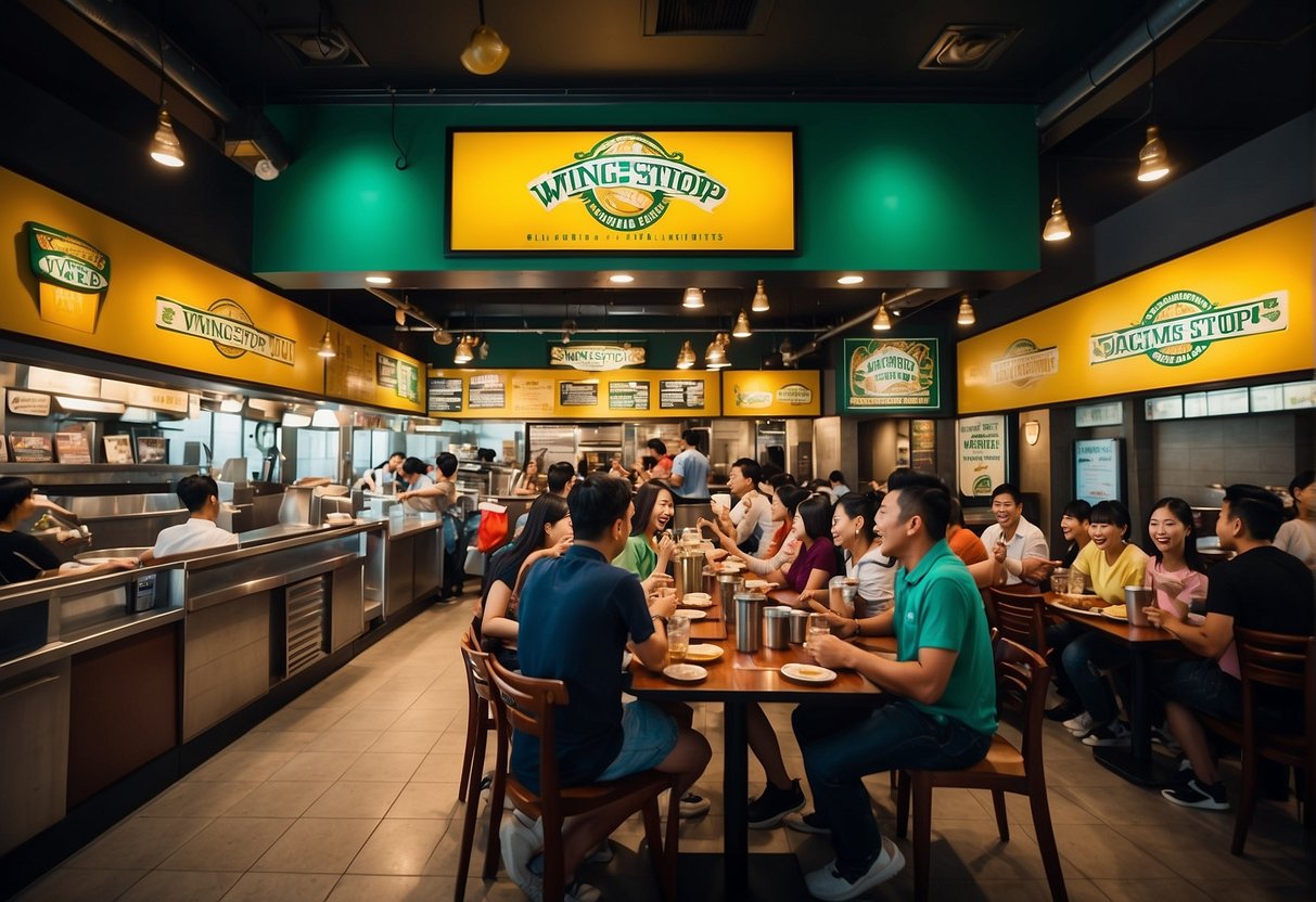 A crowded Wingstop restaurant in Singapore with colorful promotional banners and excited customers enjoying their meals