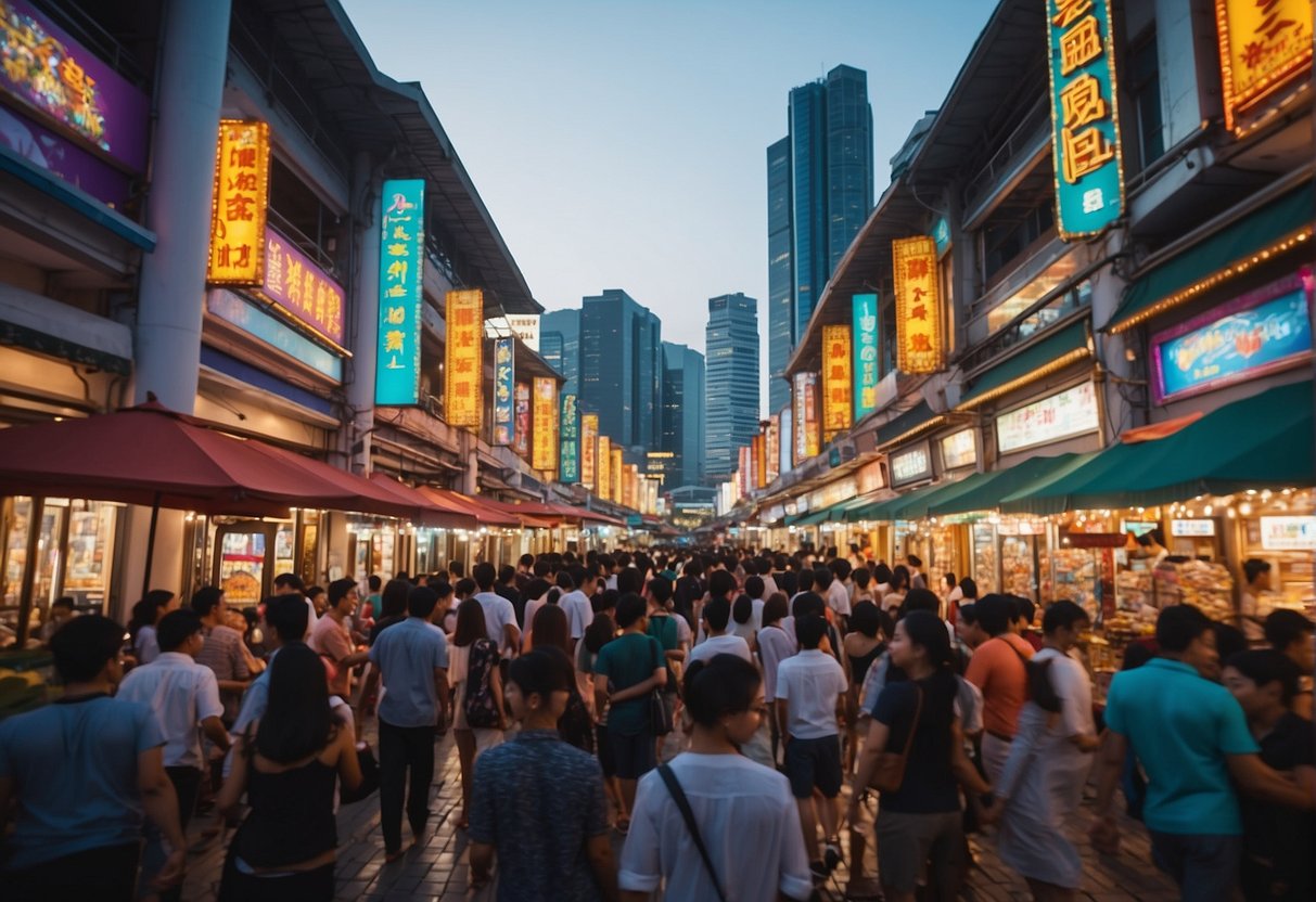 A bustling street in Singapore's Timezone promotions, with bright lights and colorful arcade games attracting a crowd