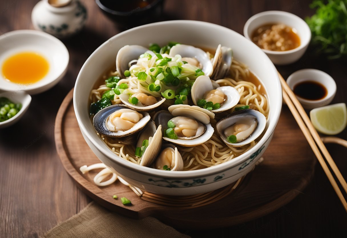 A steaming bowl of clam ramen sits on a wooden table, garnished with green onions and surrounded by empty soy sauce dishes